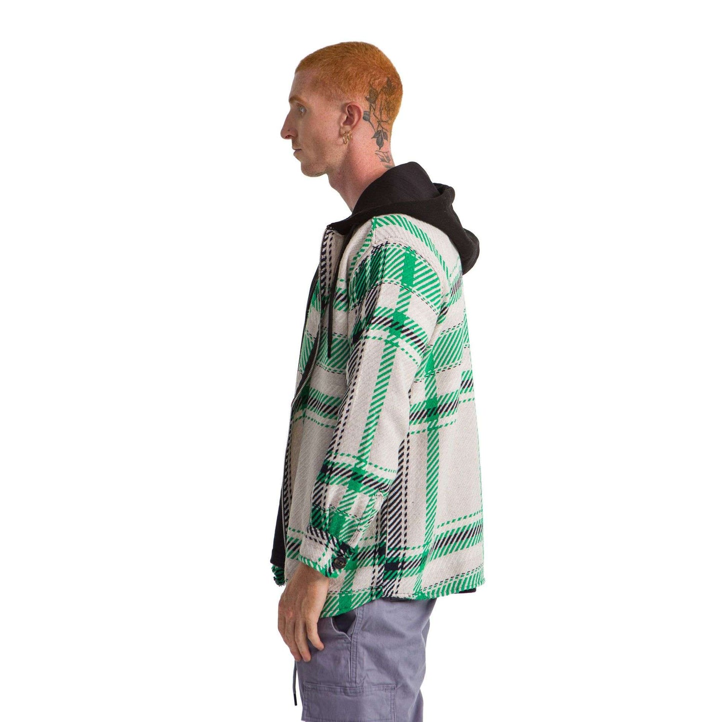 White hoodie checkered plaid jacket green wide striped