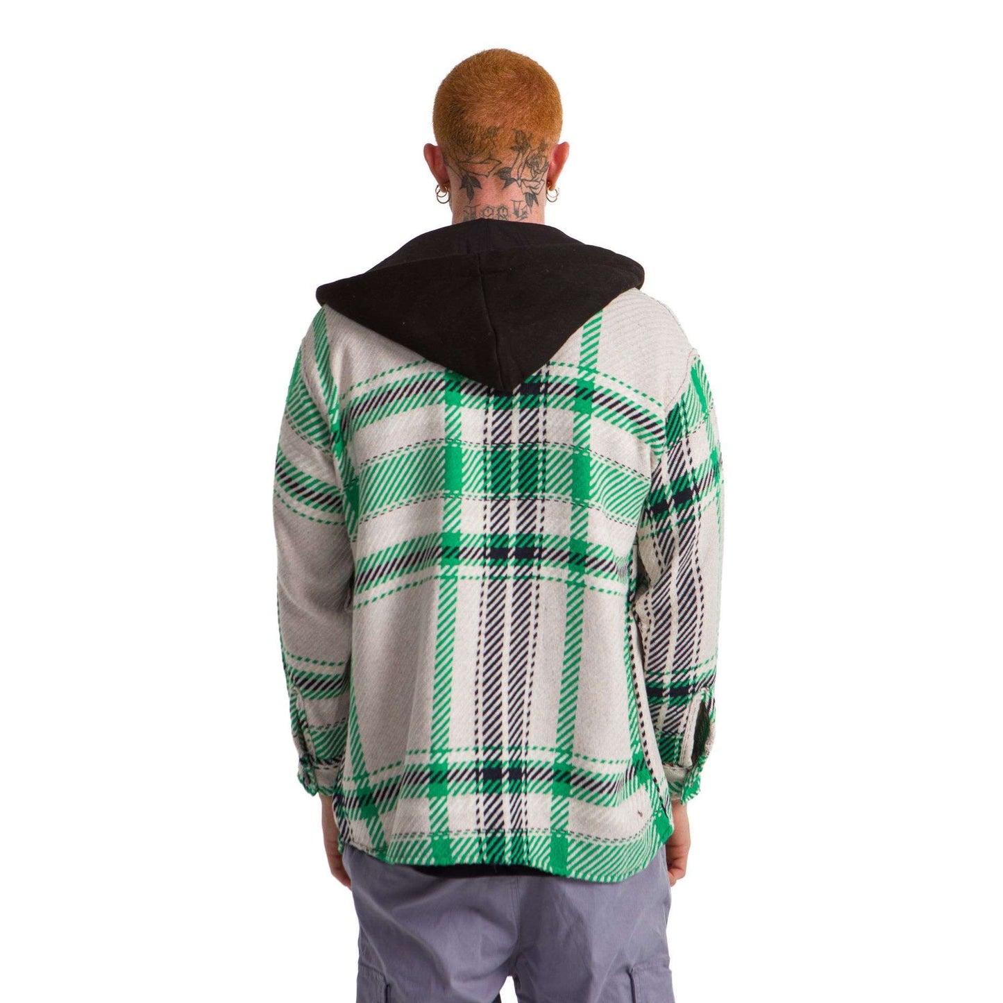 White hoodie checkered plaid jacket green wide striped