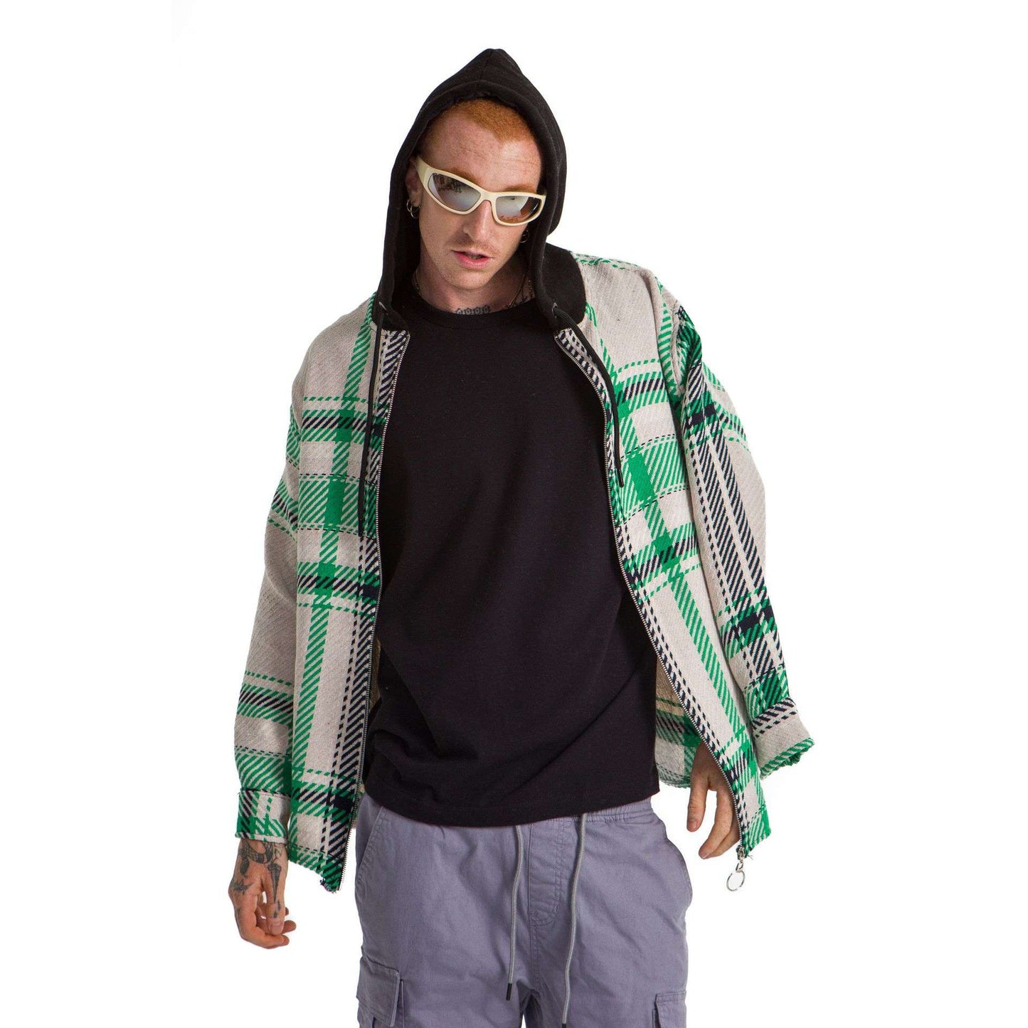 White hoodie checkered plaid jacket green wide striped