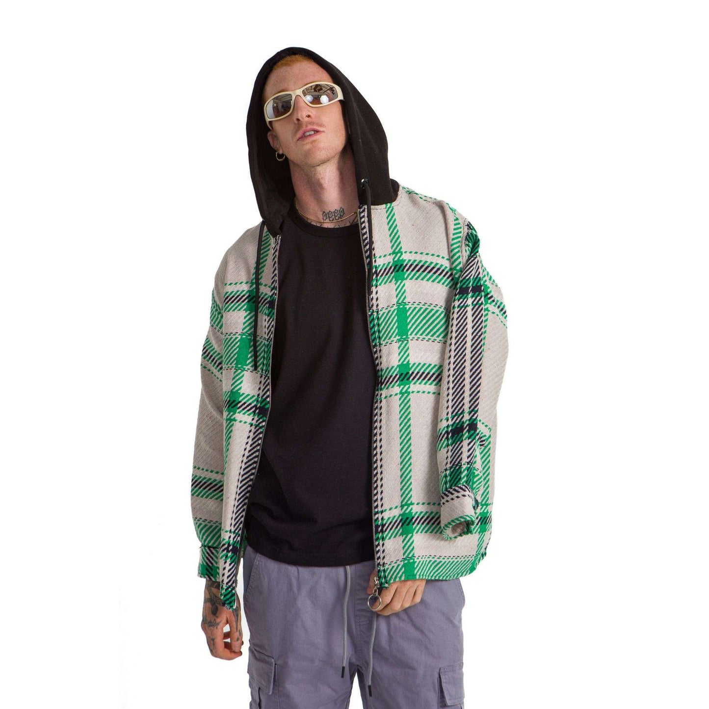 White hoodie checkered plaid jacket green wide striped