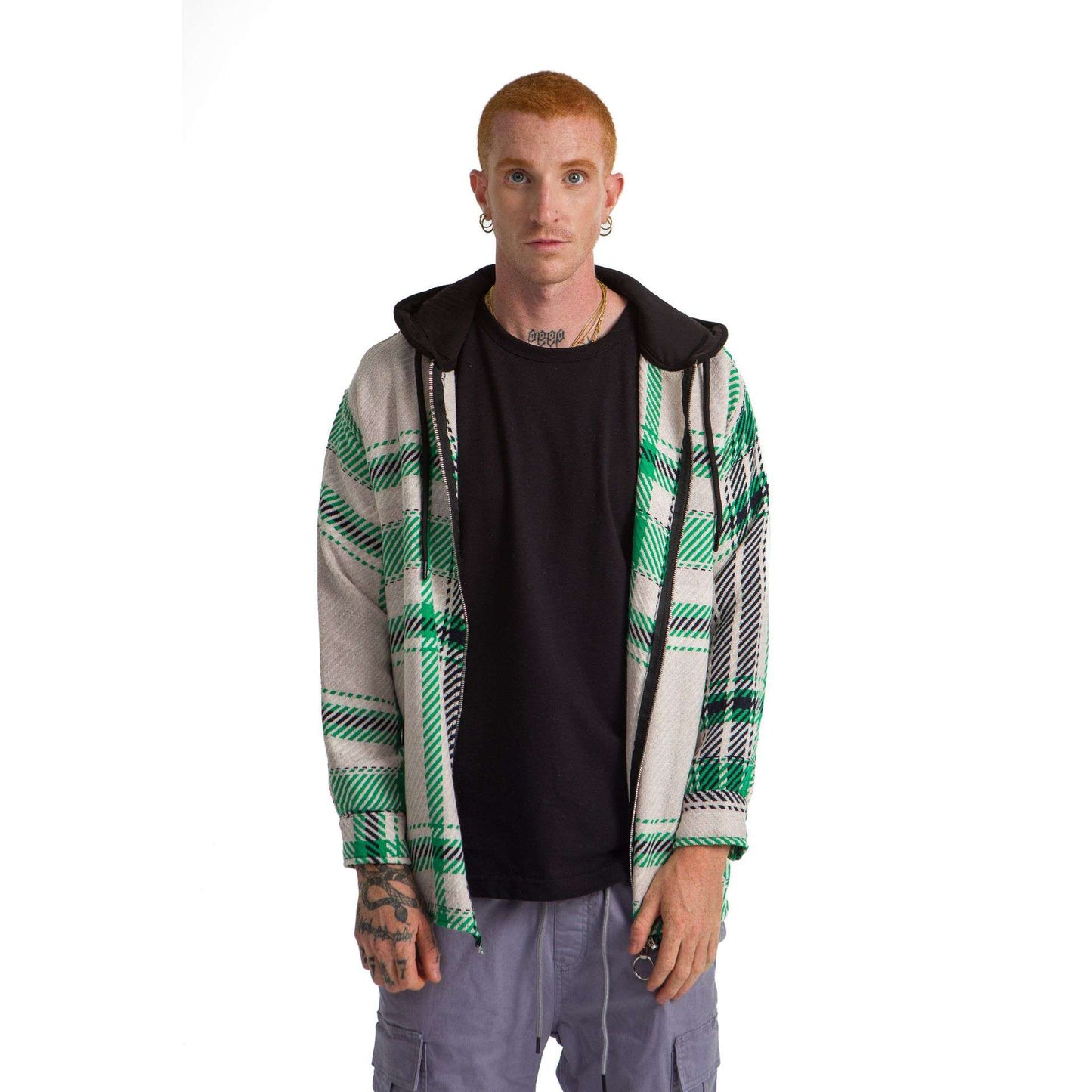 White hoodie checkered plaid jacket green wide striped