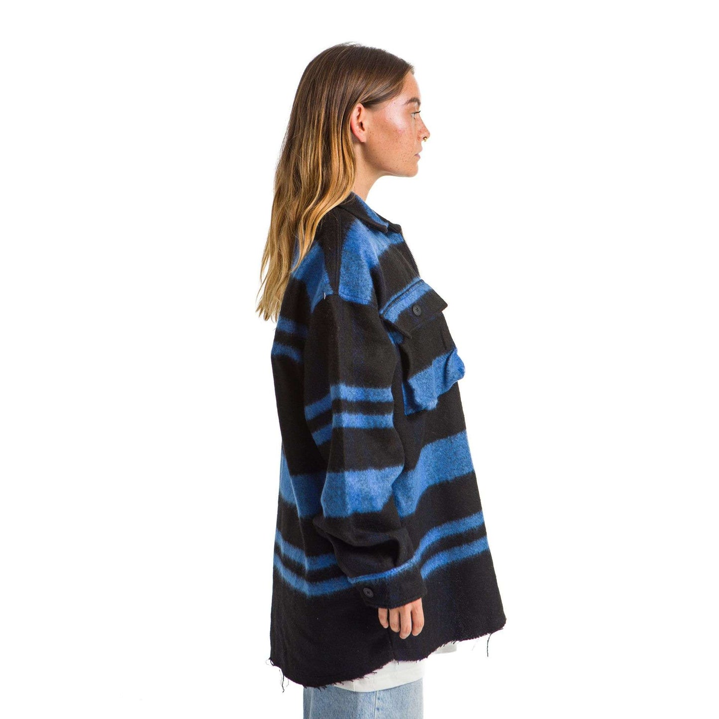 Women Black plaid jacket Blue striped