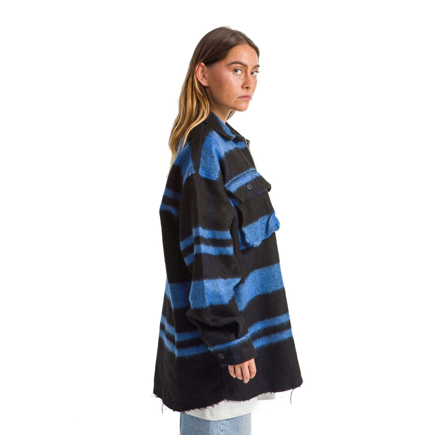 Women Black plaid jacket Blue striped
