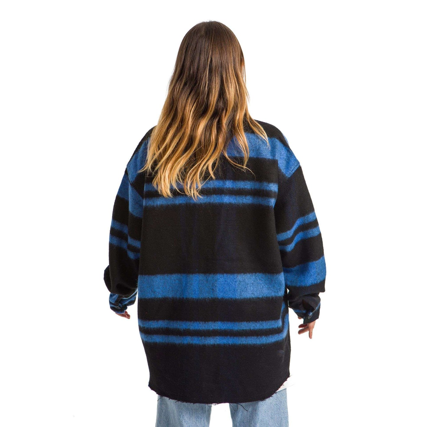 Women Black plaid jacket Blue striped