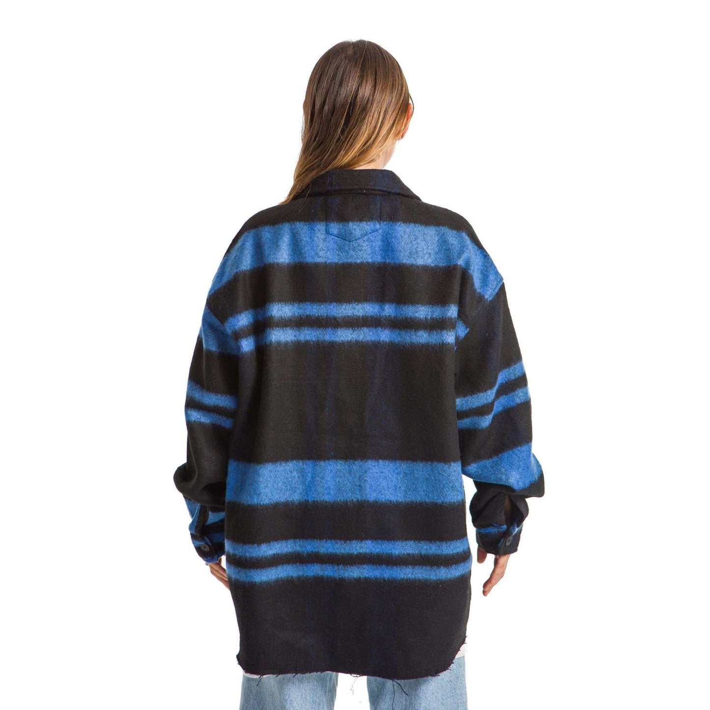 Women Black plaid jacket Blue striped