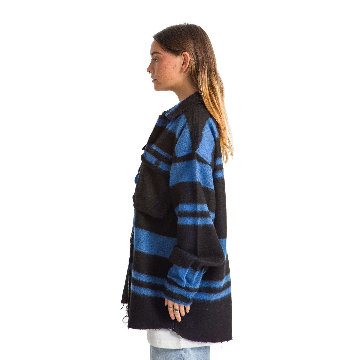 Women Black plaid jacket Blue striped