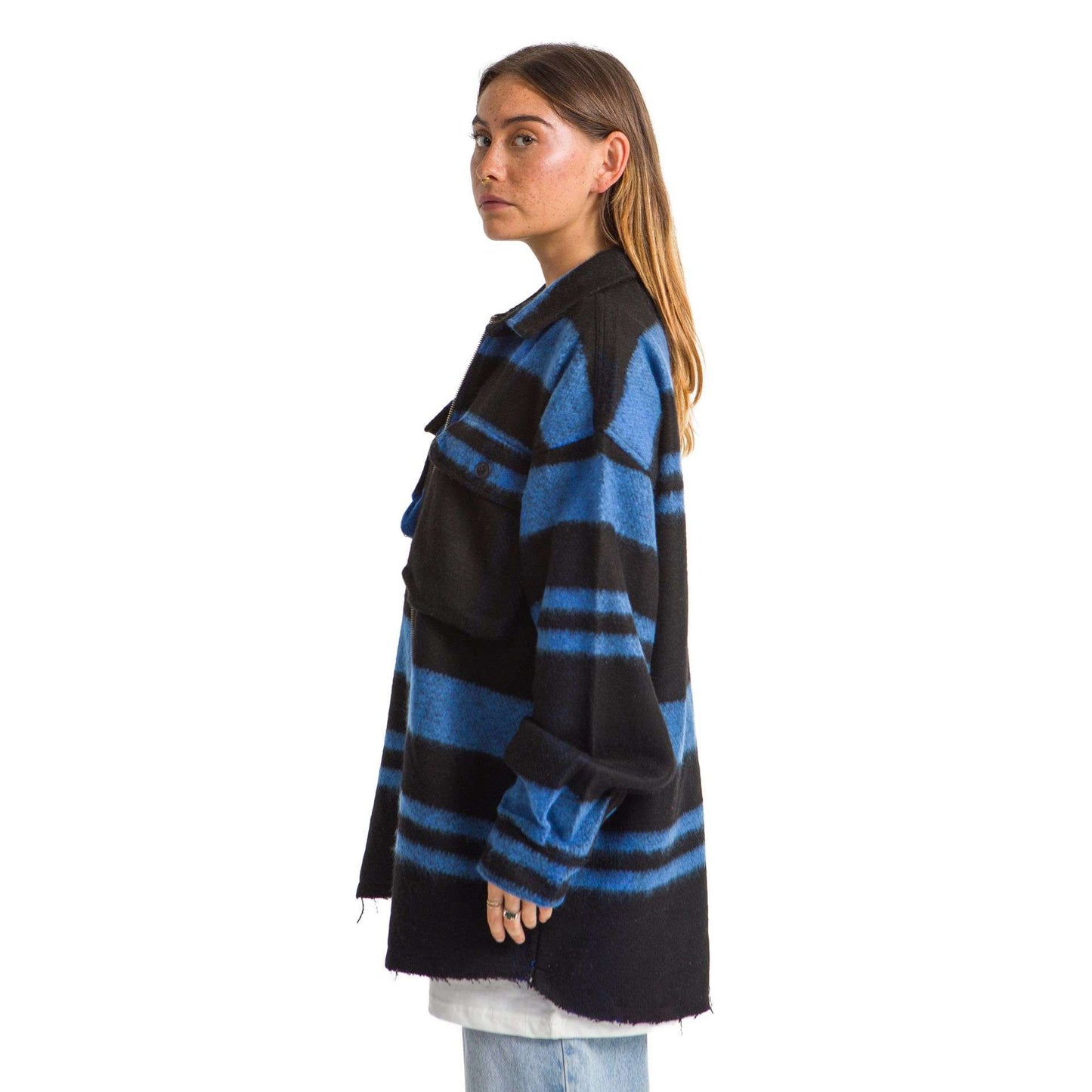 Women Black plaid jacket Blue striped