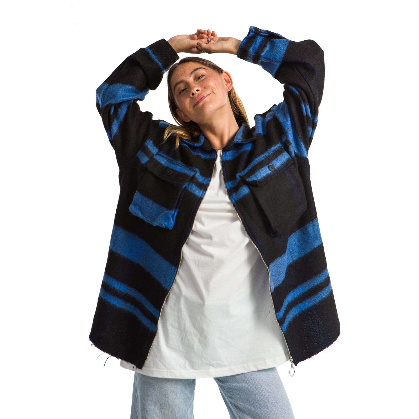 Women Black plaid jacket Blue striped