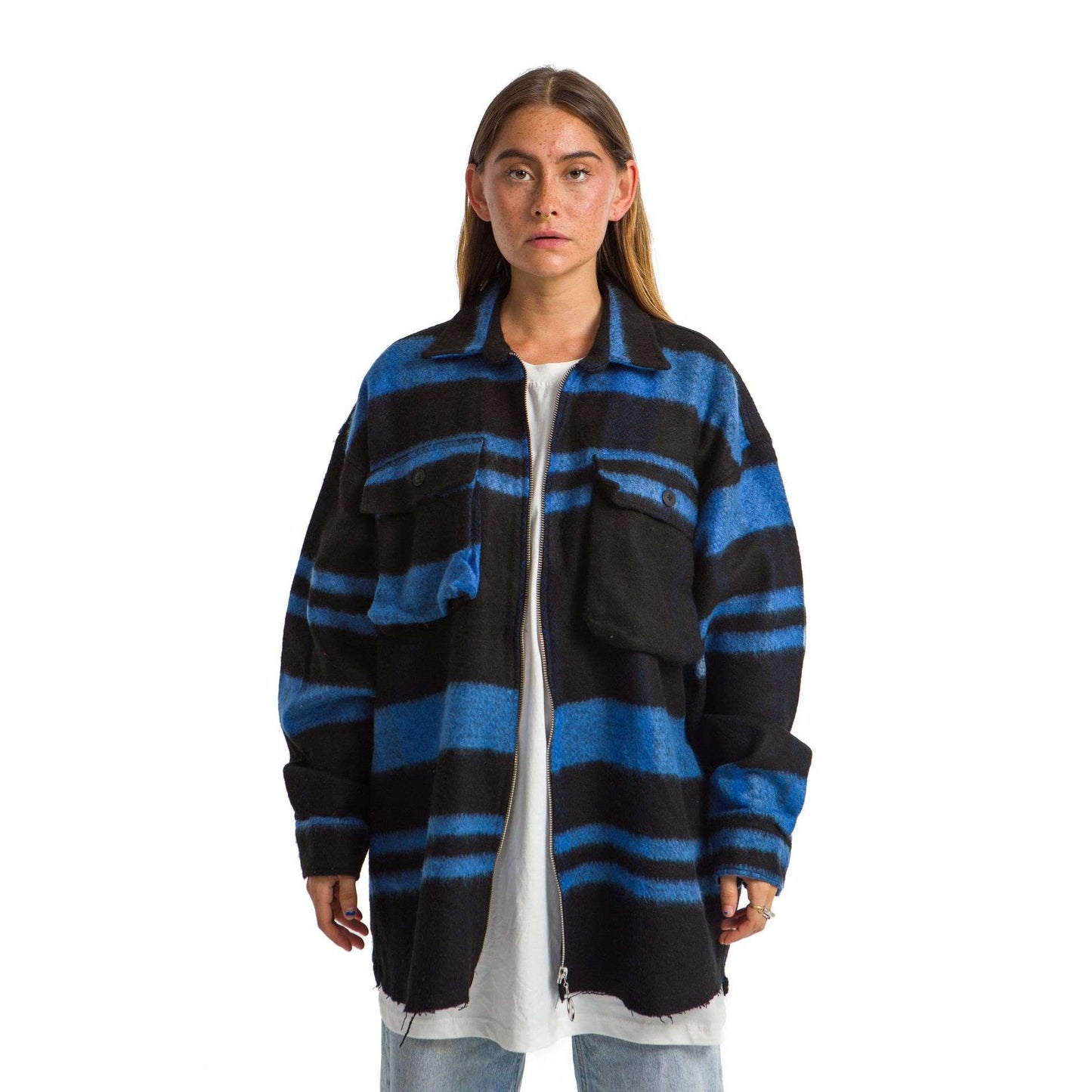 Women Black plaid jacket Blue striped