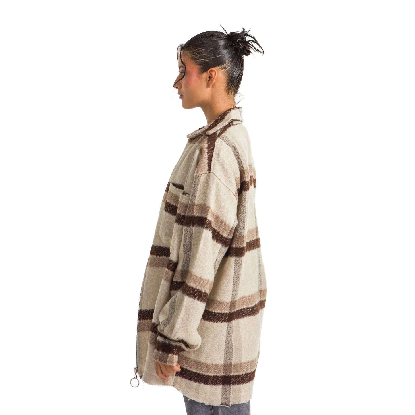Women plaid jacket brown beige striped