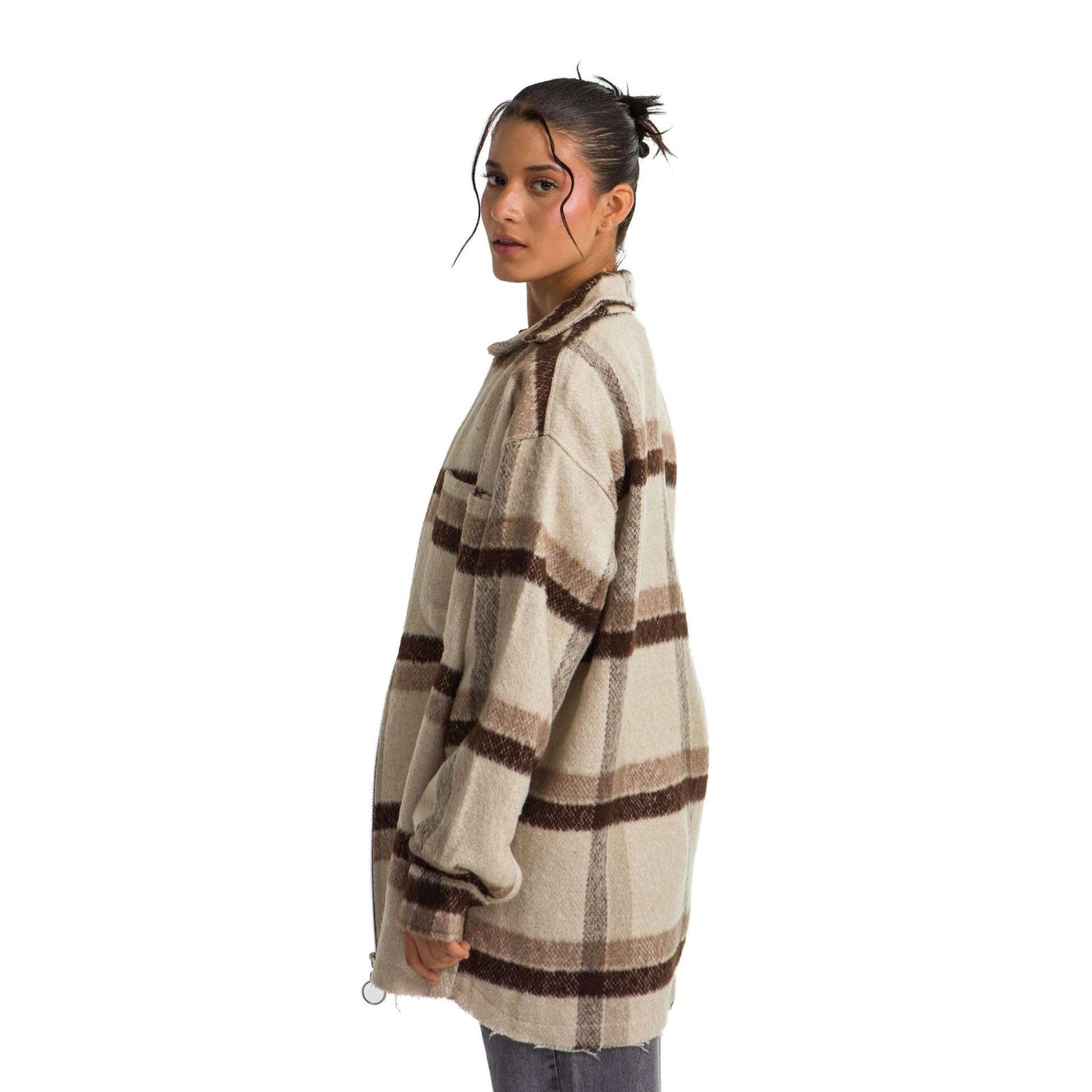 Women plaid jacket brown beige striped