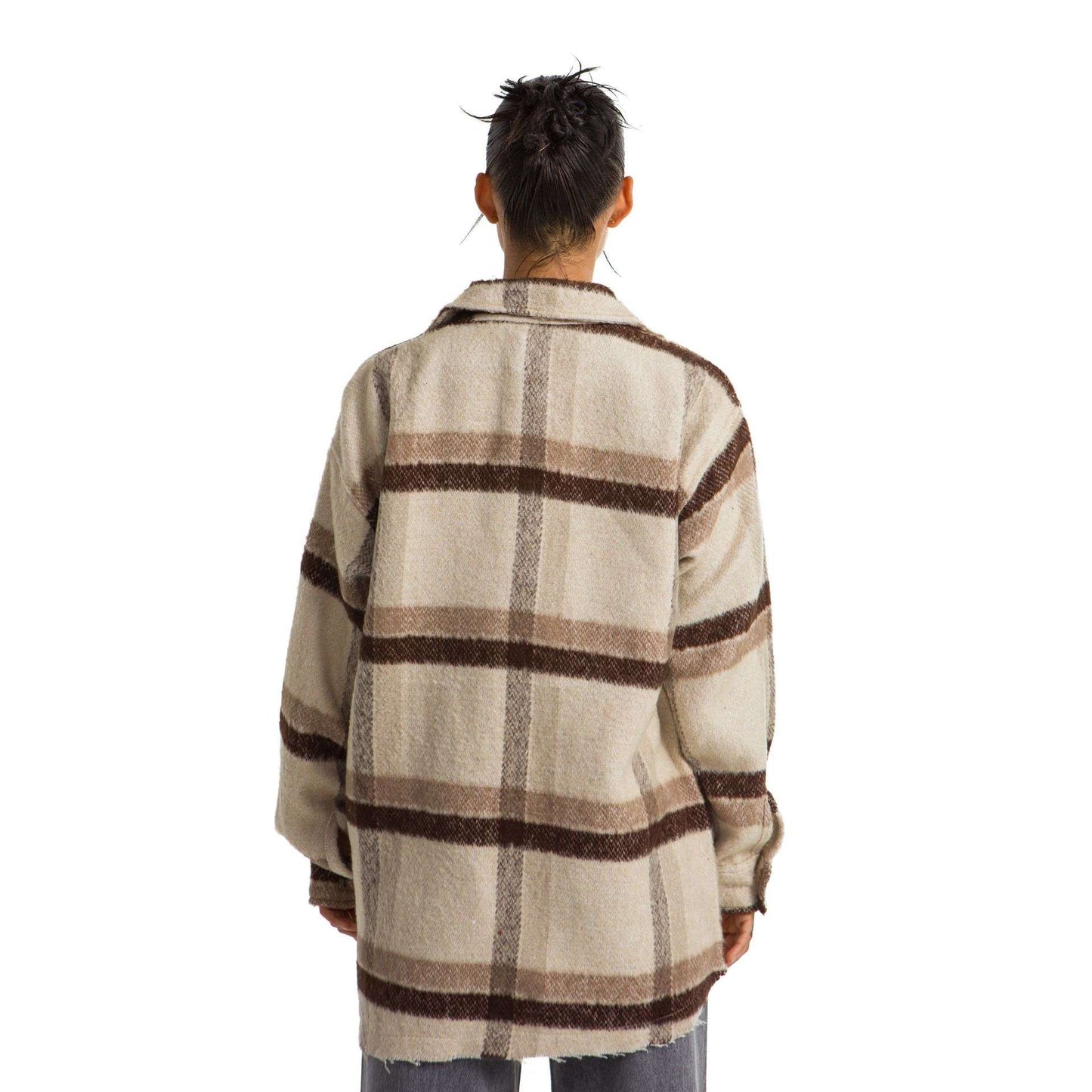 Women plaid jacket brown beige striped