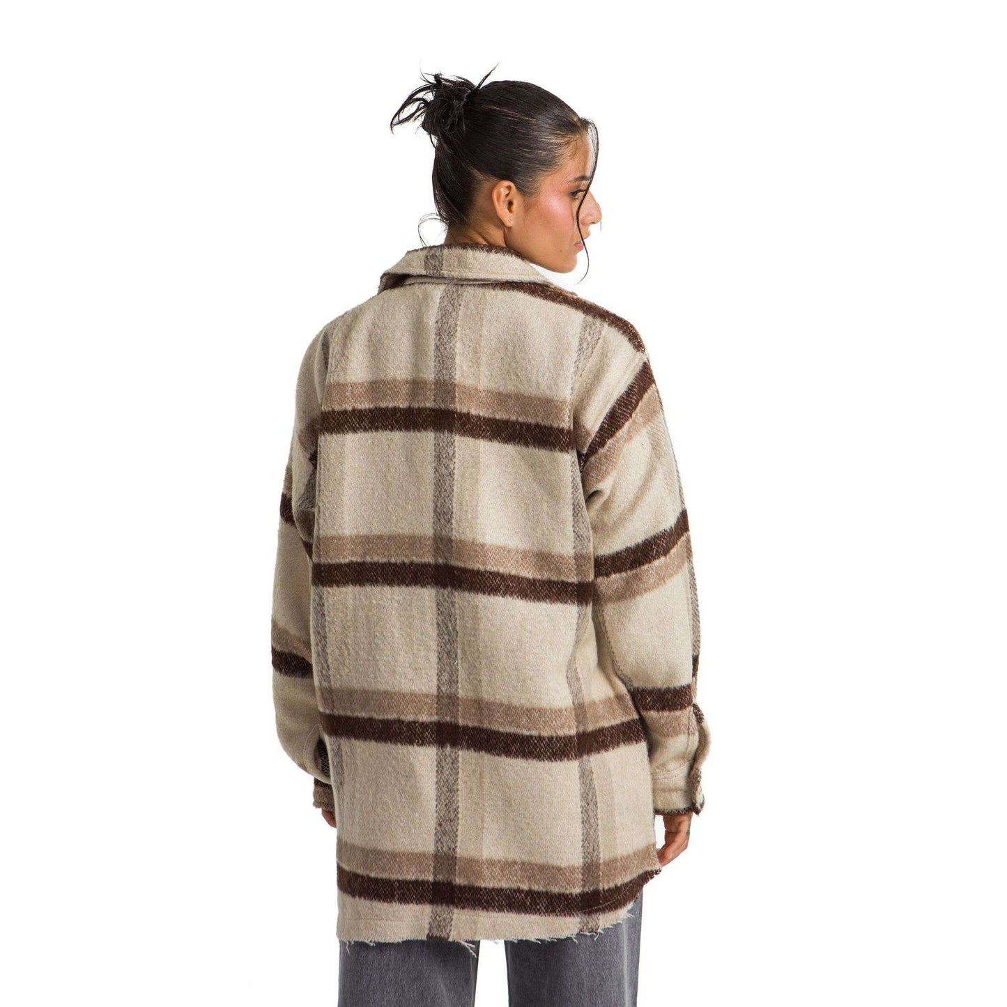Women plaid jacket brown beige striped