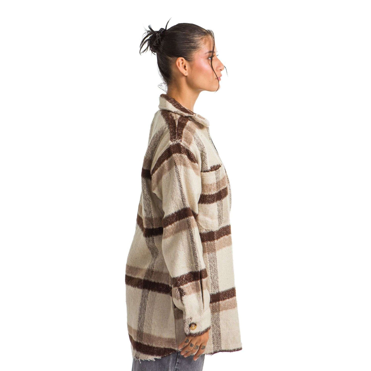 Women plaid jacket brown beige striped