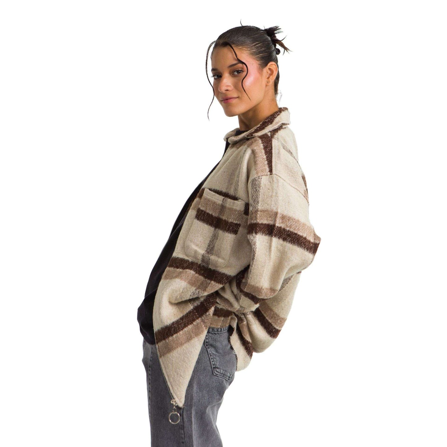 Women plaid jacket brown beige striped