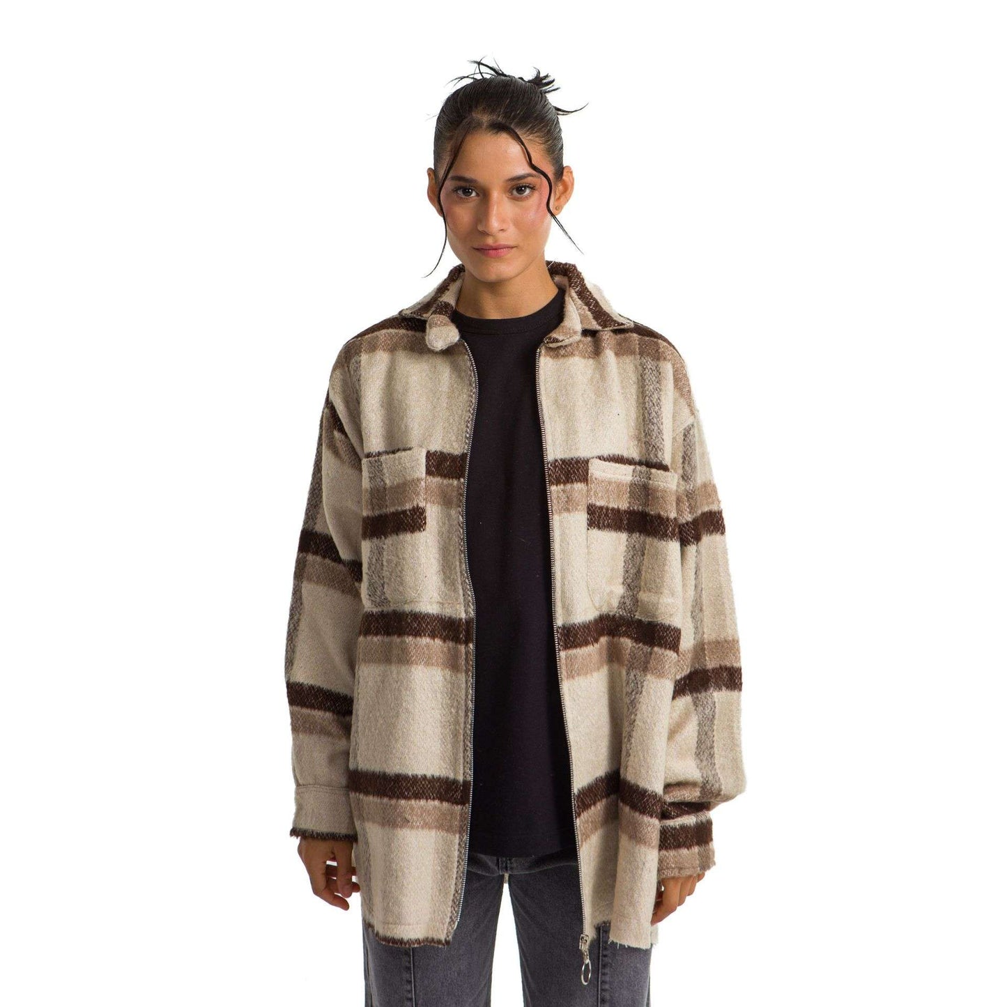 Women plaid jacket brown beige striped