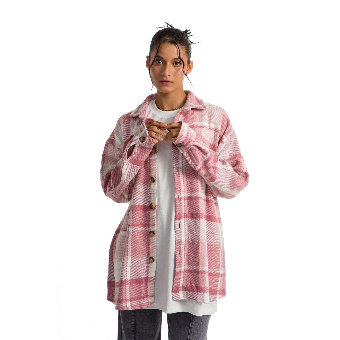 Women’s heavy Long-sleeve Oversized shirt checkered pink