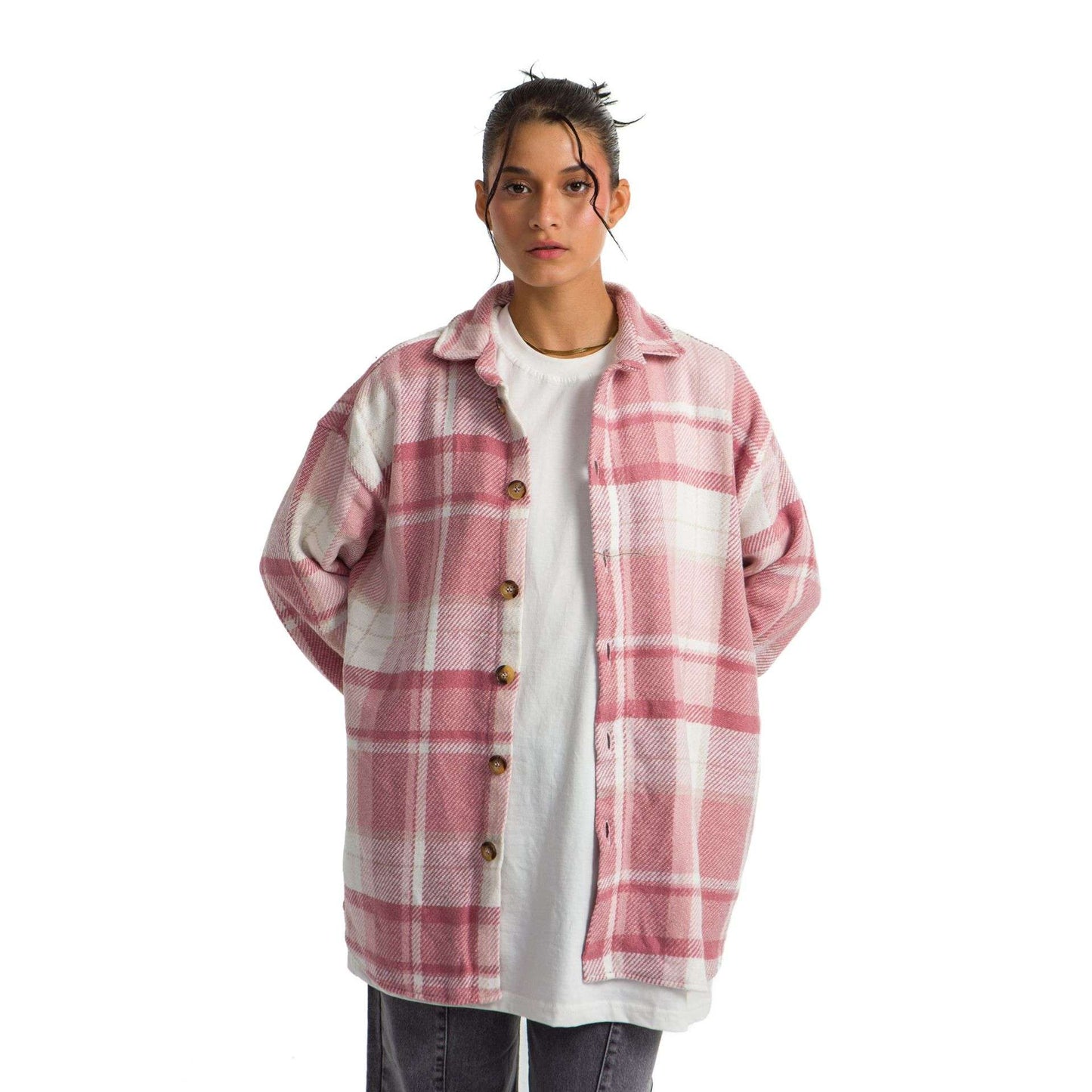 Women’s heavy Long-sleeve Oversized shirt checkered pink
