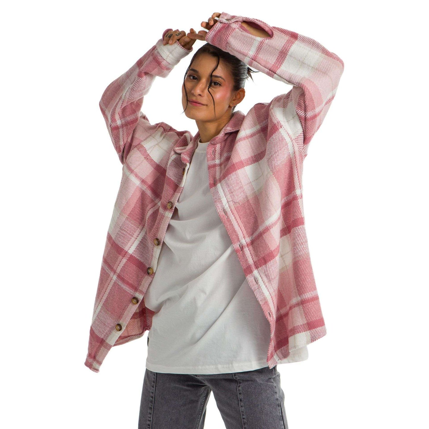 Women’s heavy Long-sleeve Oversized shirt checkered pink