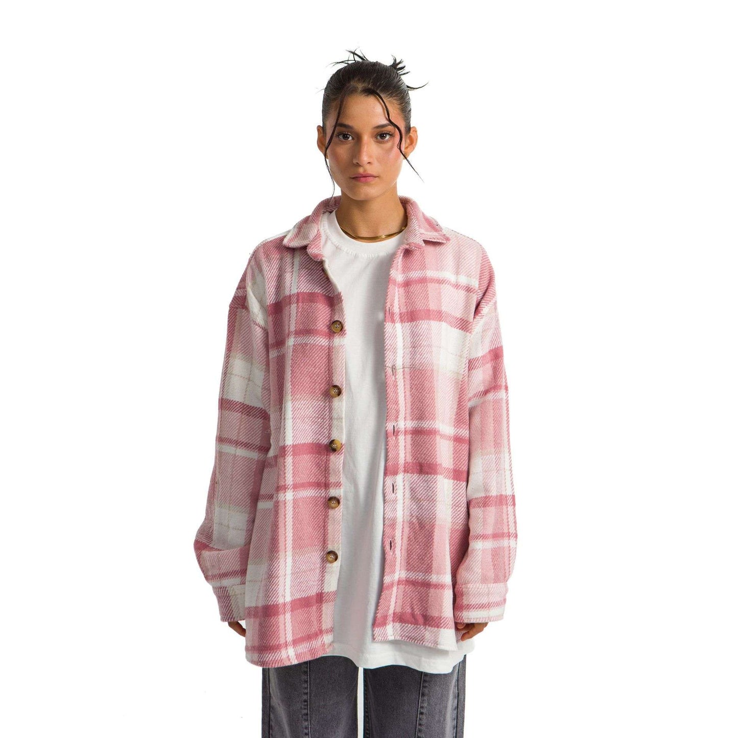 Women’s heavy Long-sleeve Oversized shirt checkered pink