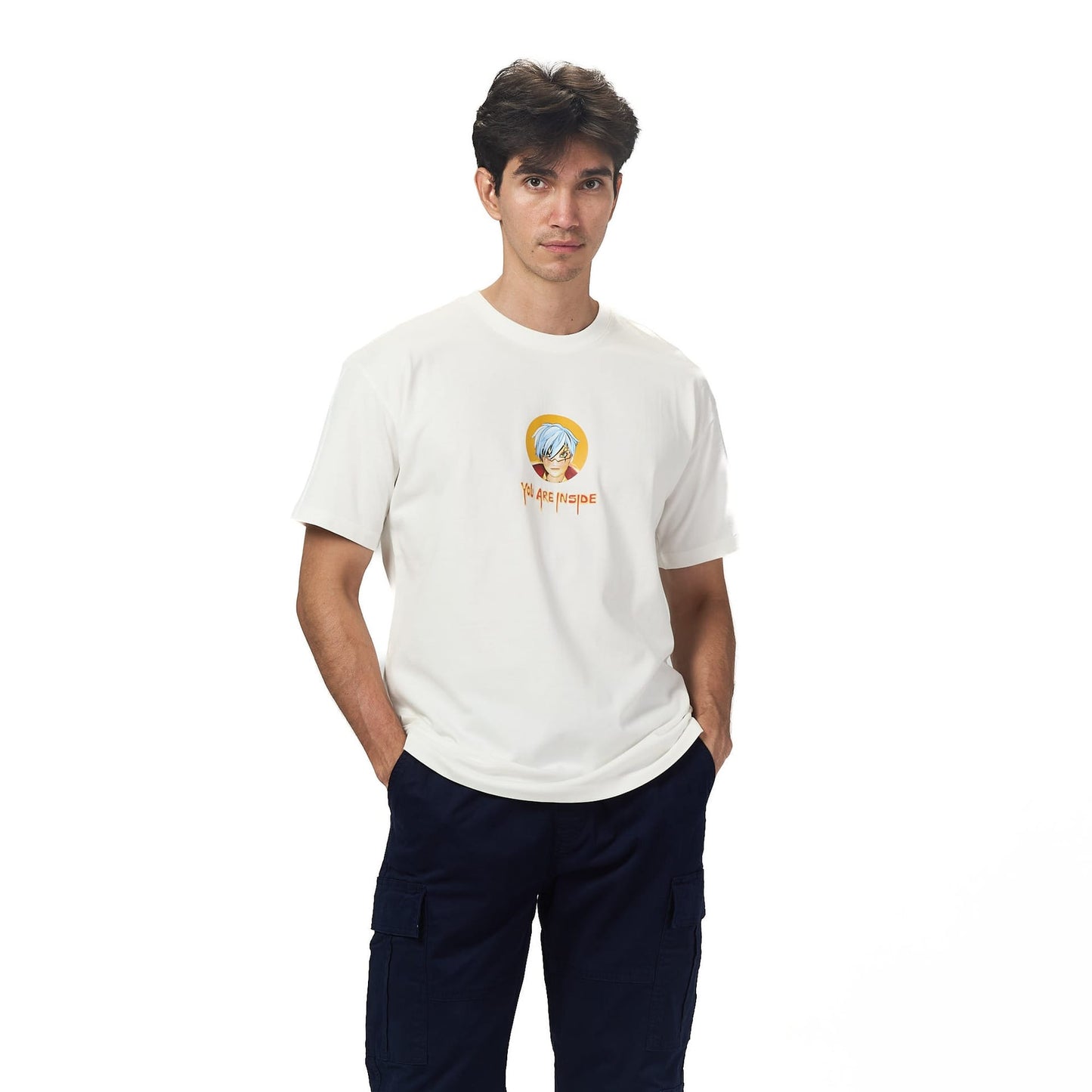 You are inside white oversized printed t-shirt