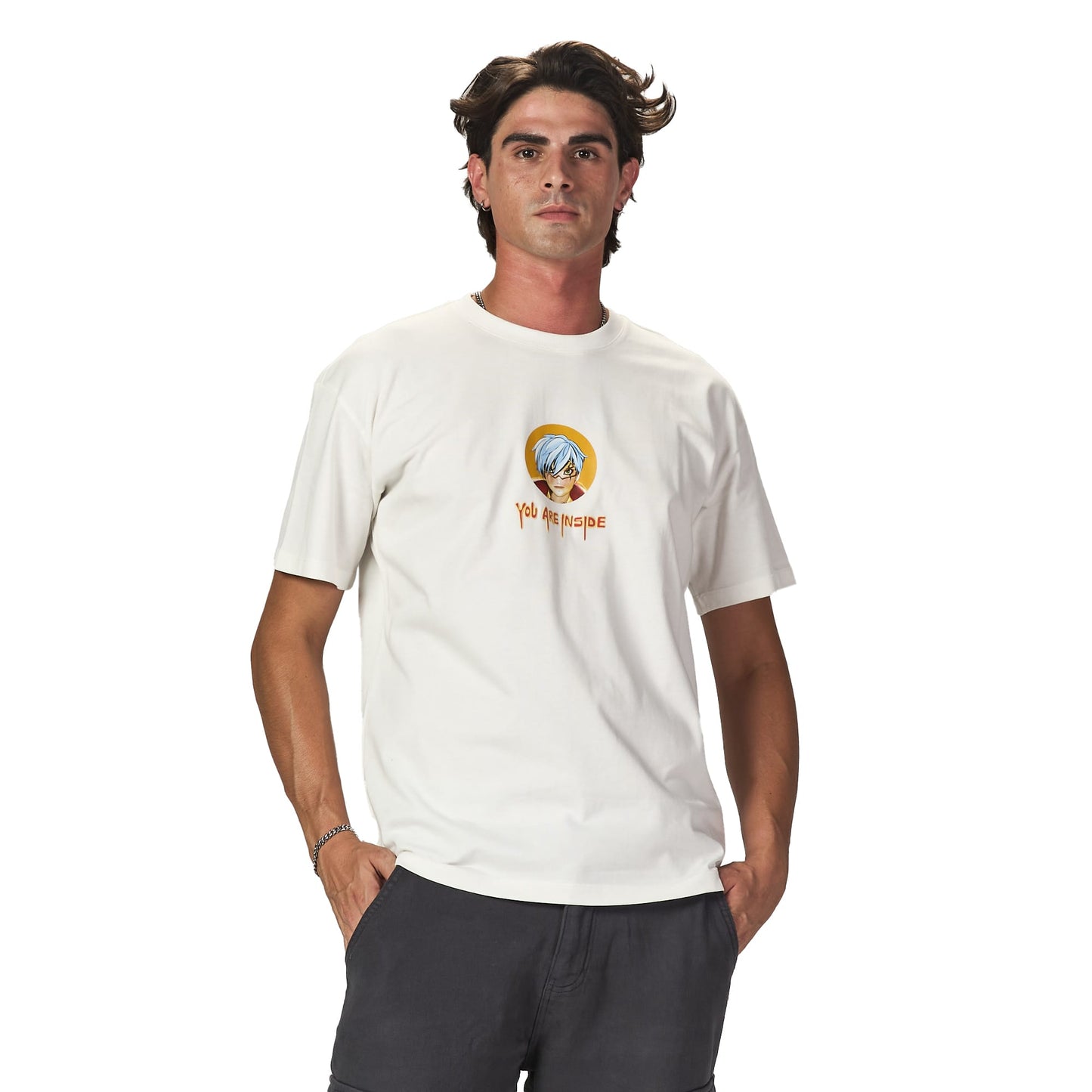 You are inside white oversized printed t-shirt