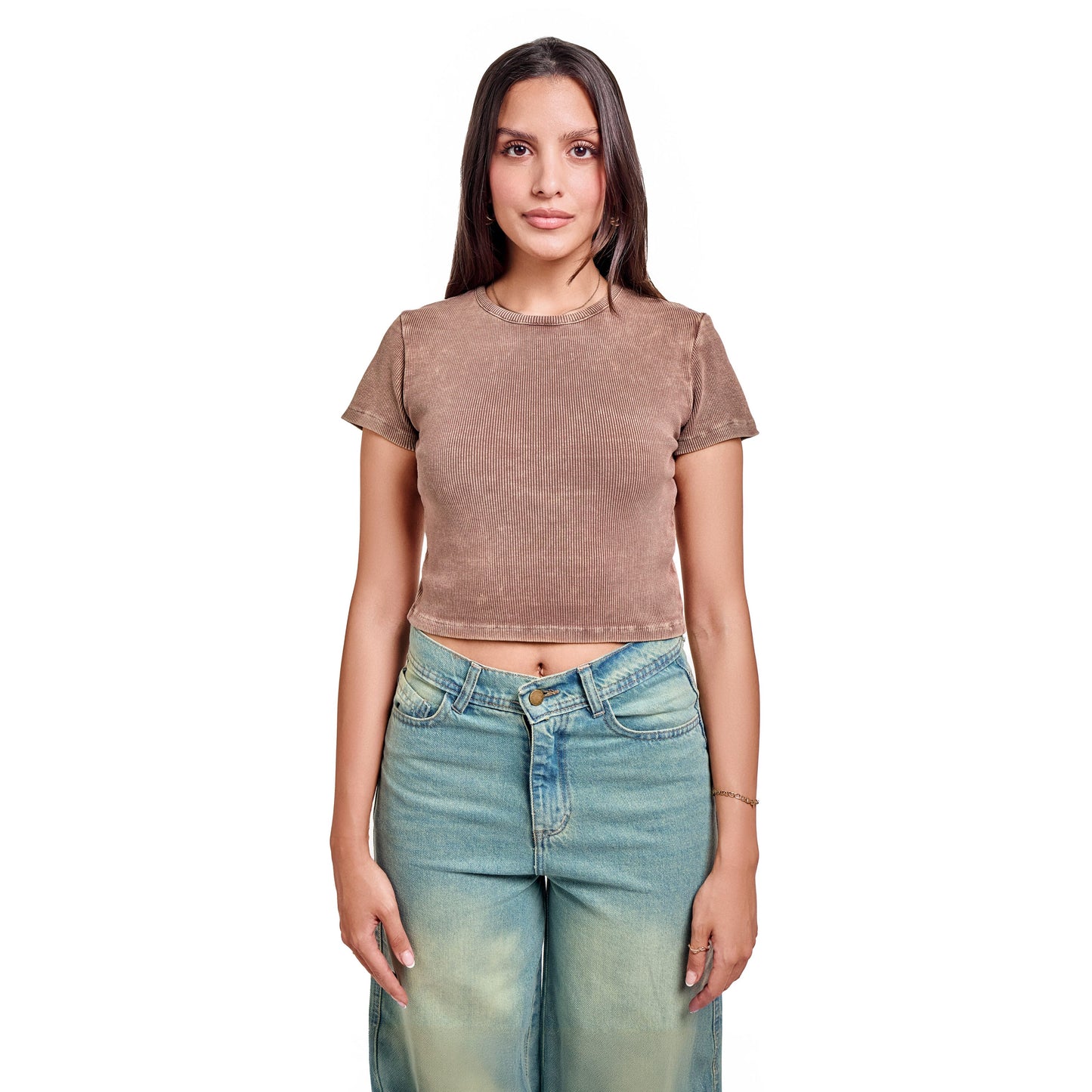 Washed light brown ribbed short sleeve basic body
