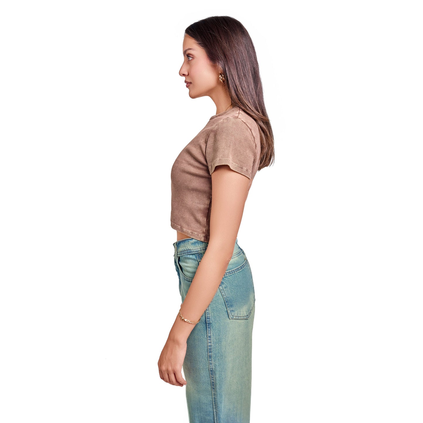Washed light brown ribbed short sleeve basic body