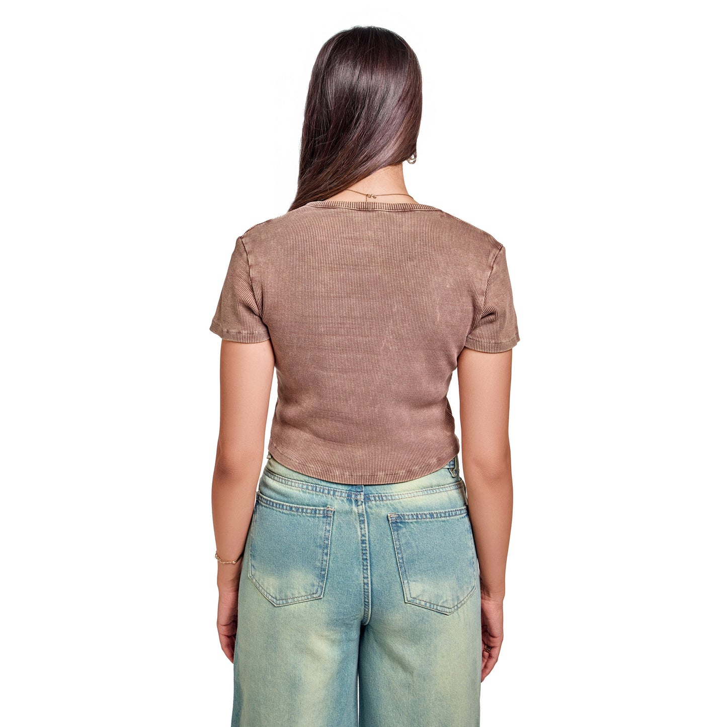 Washed light brown ribbed short sleeve basic body