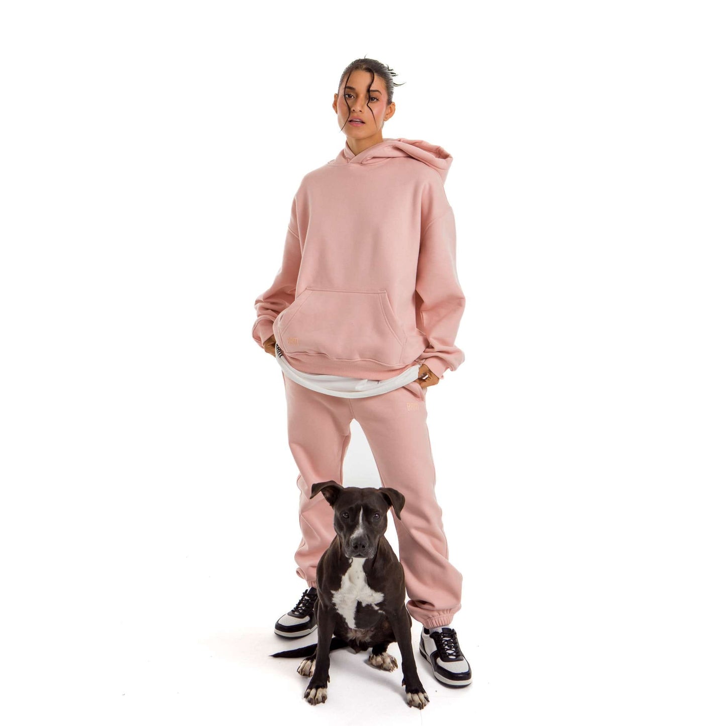 Women Pink Melton Plain Hoodies set