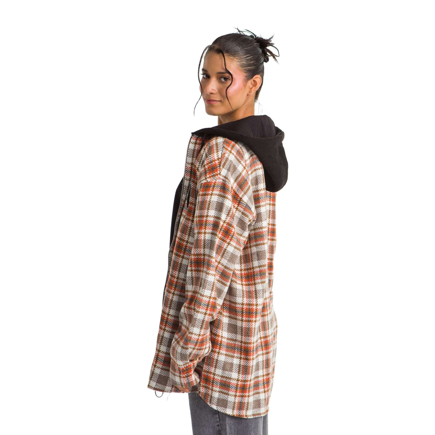 Women hoodie Checkered plaid Jacket orange brown