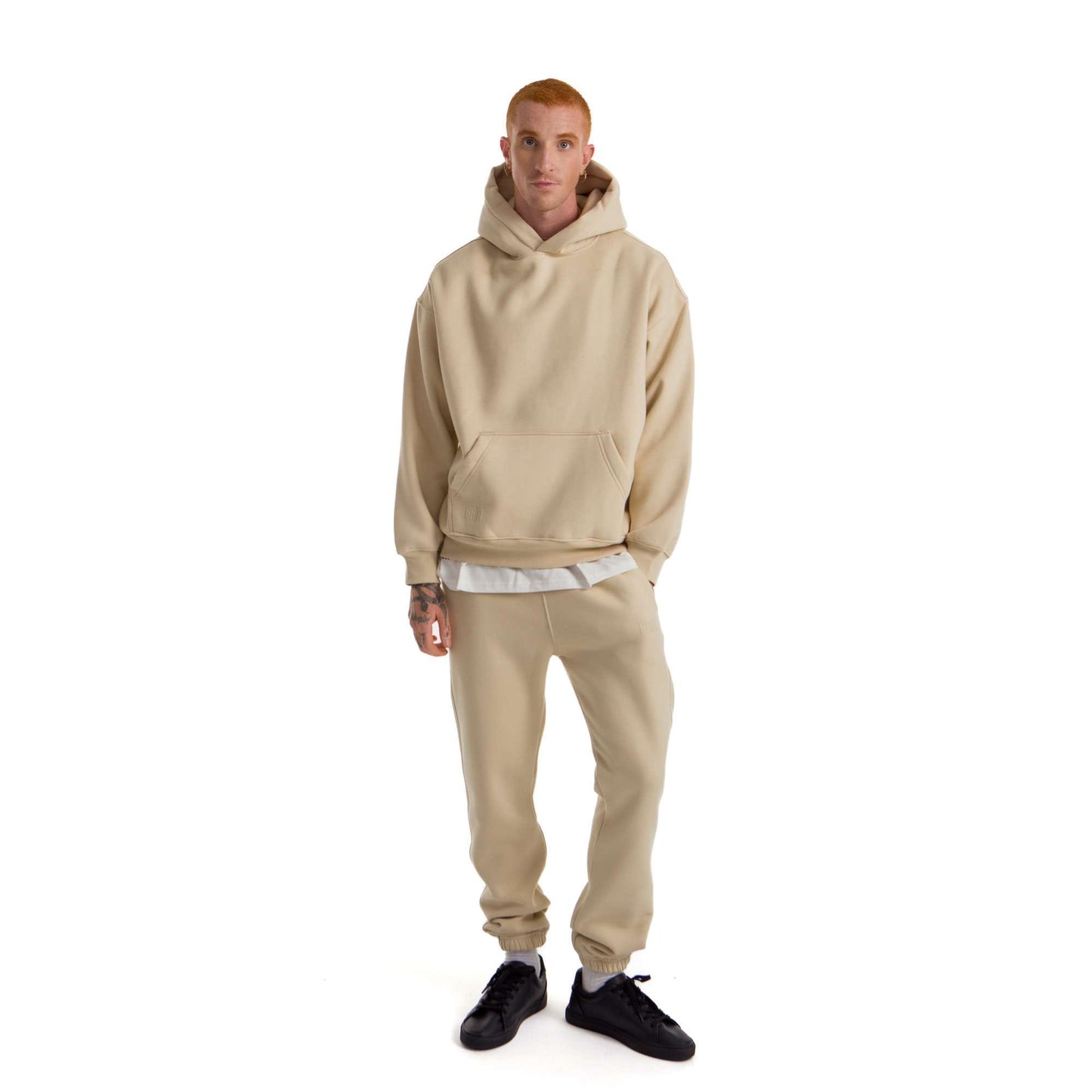 Men Beige Melton Plain Hoodies set