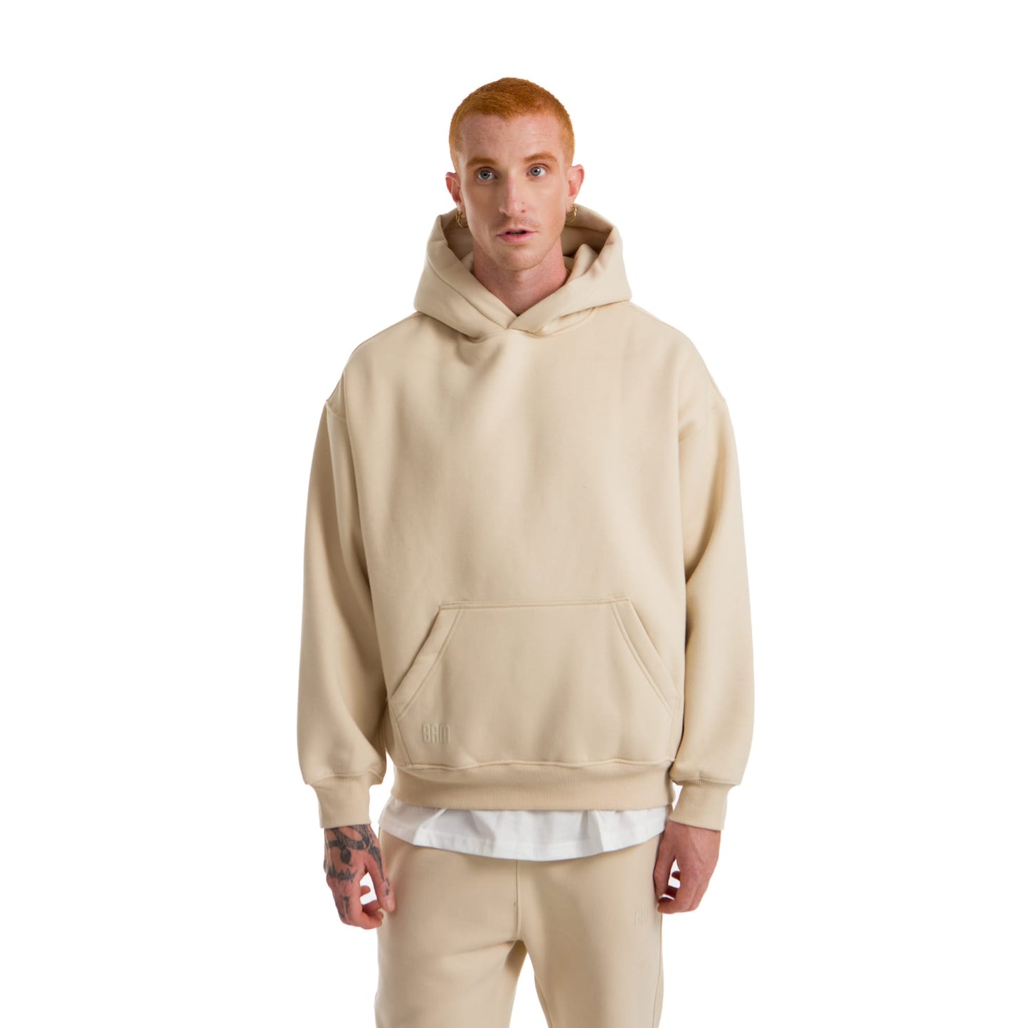 Men Beige Heavy Melton Hoodie