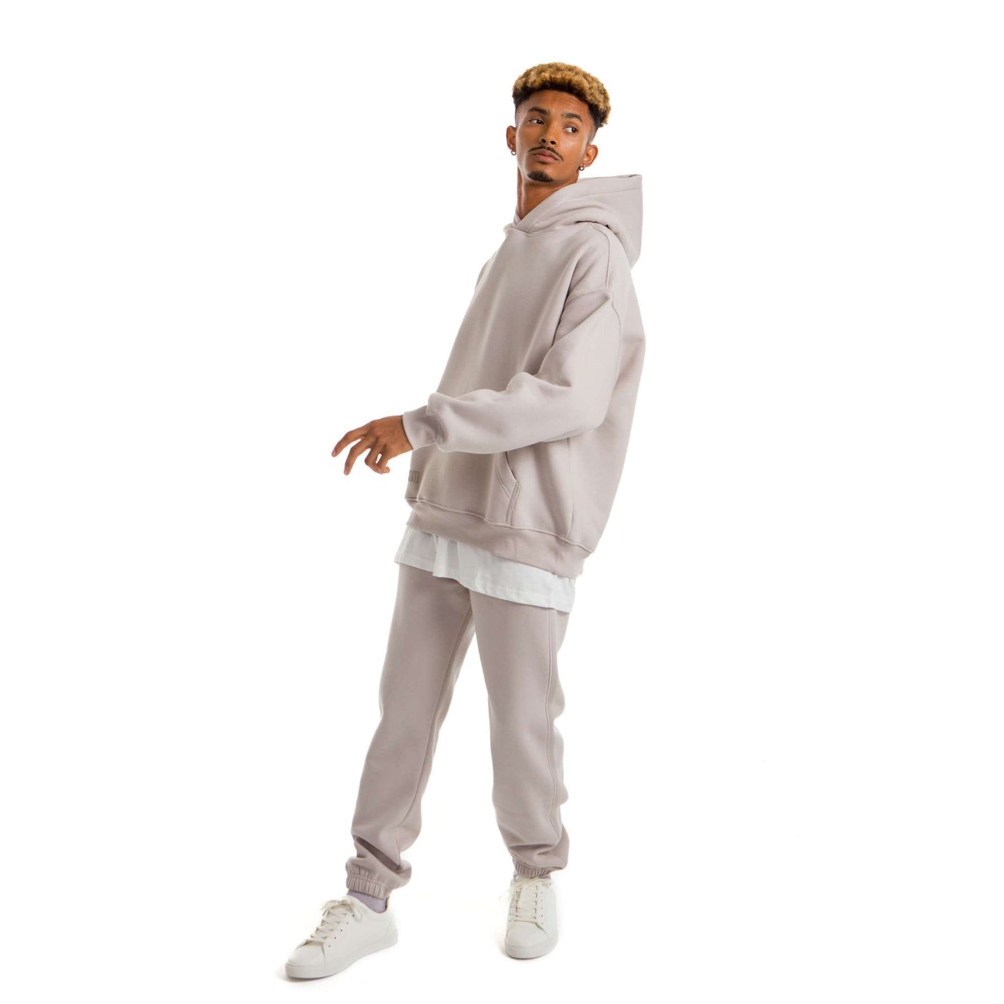 Men Light Grey Melton Plain Hoodies set