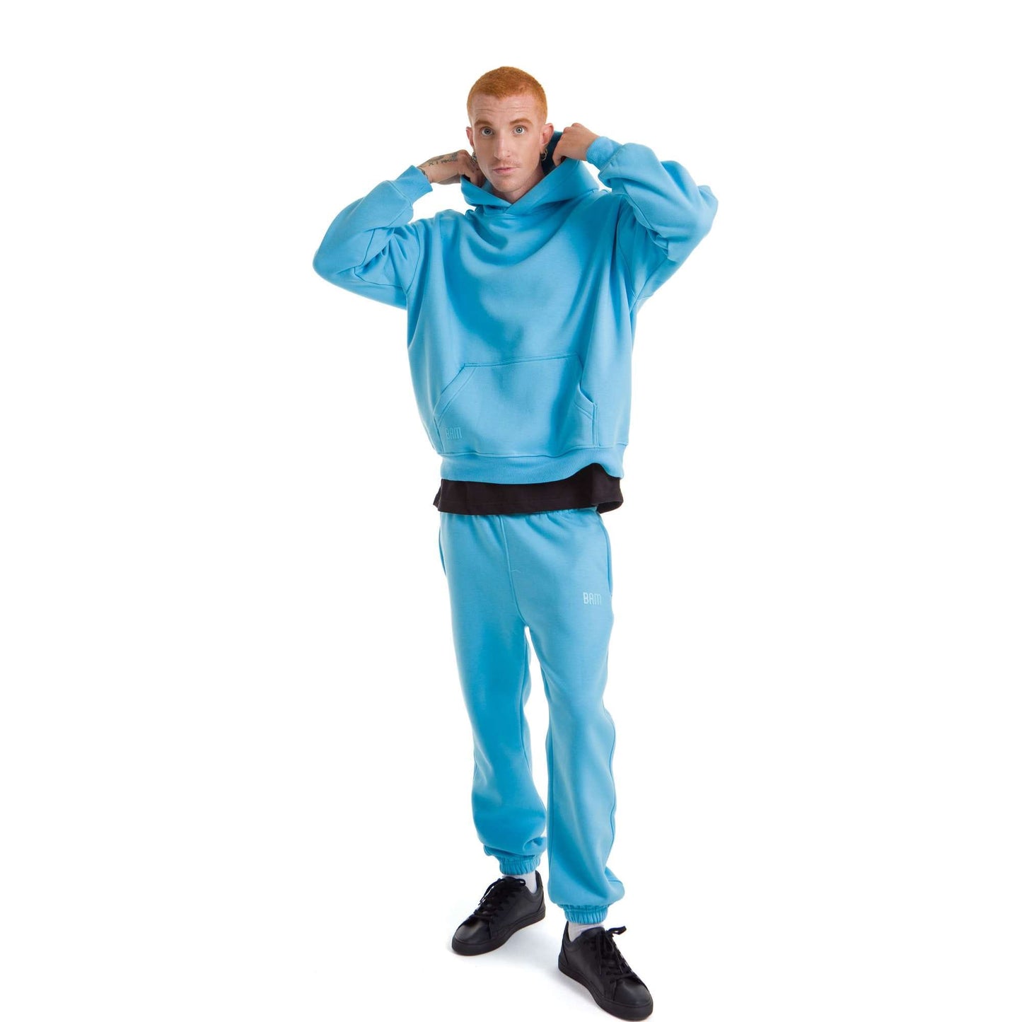 Men Sky blue Melton Plain Hoodies set