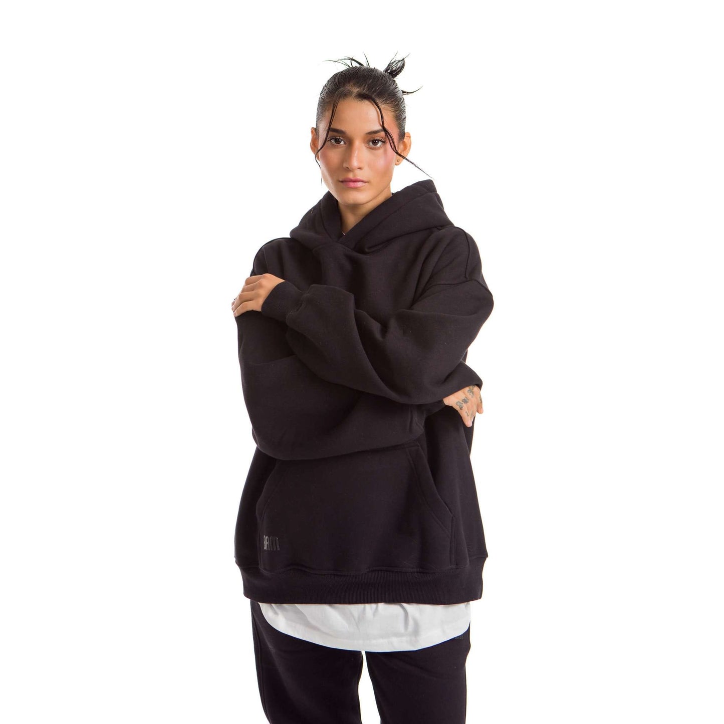 Women Black Heavy Melton Hoodie