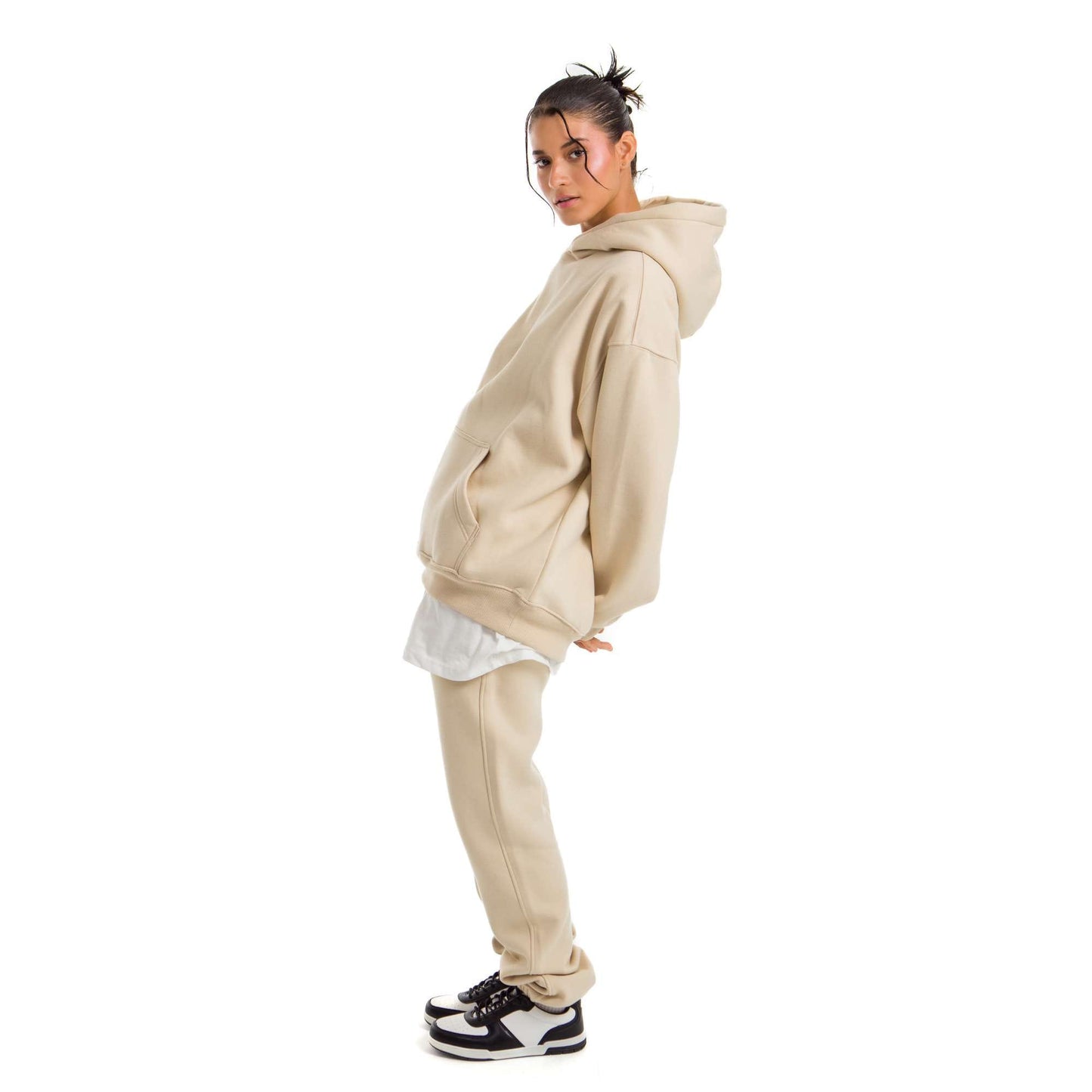 Women Beige Heavy Melton Hoodie
