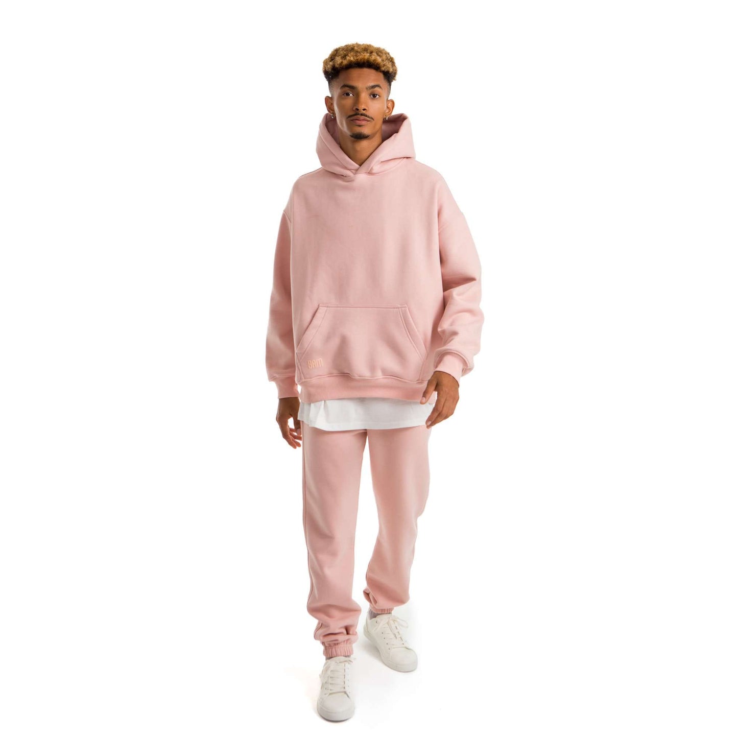 Men Pink Melton Plain Hoodies set