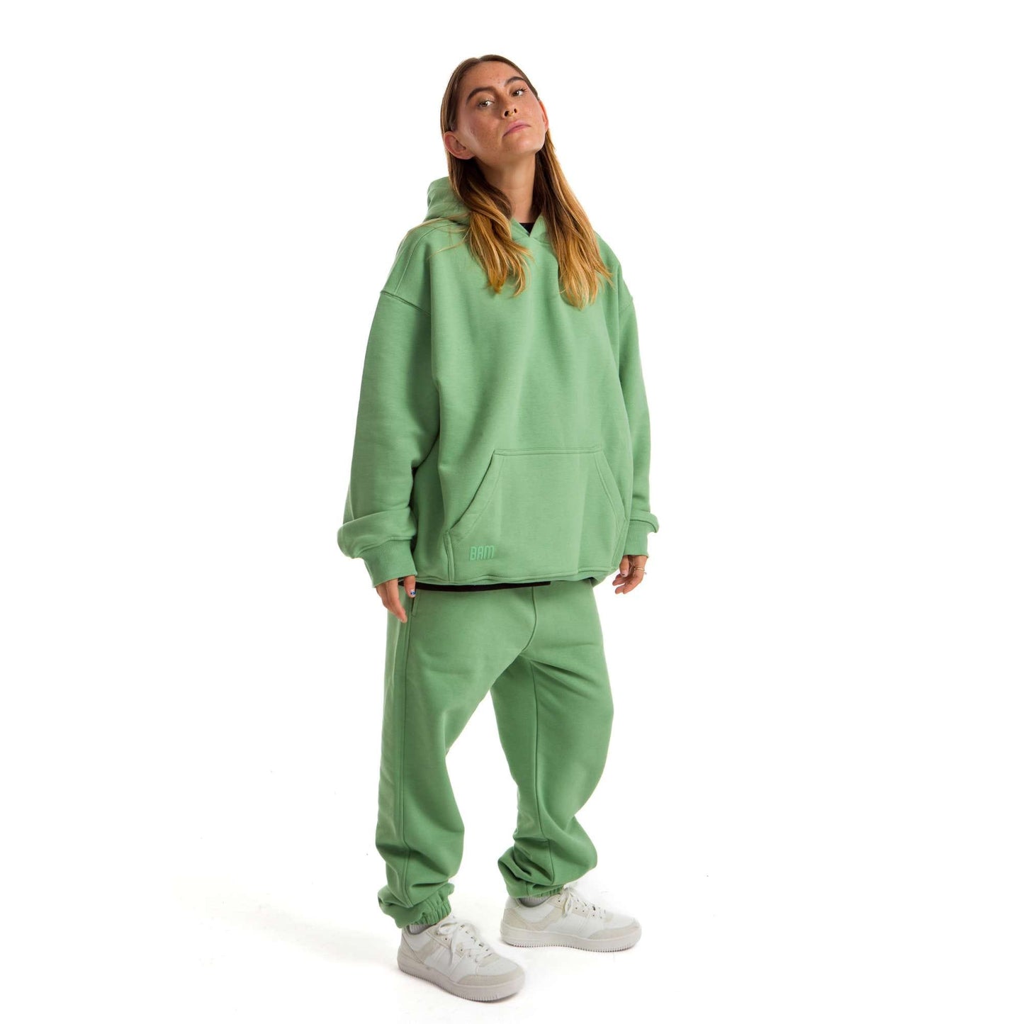 Women Green Melton Plain Hoodies set