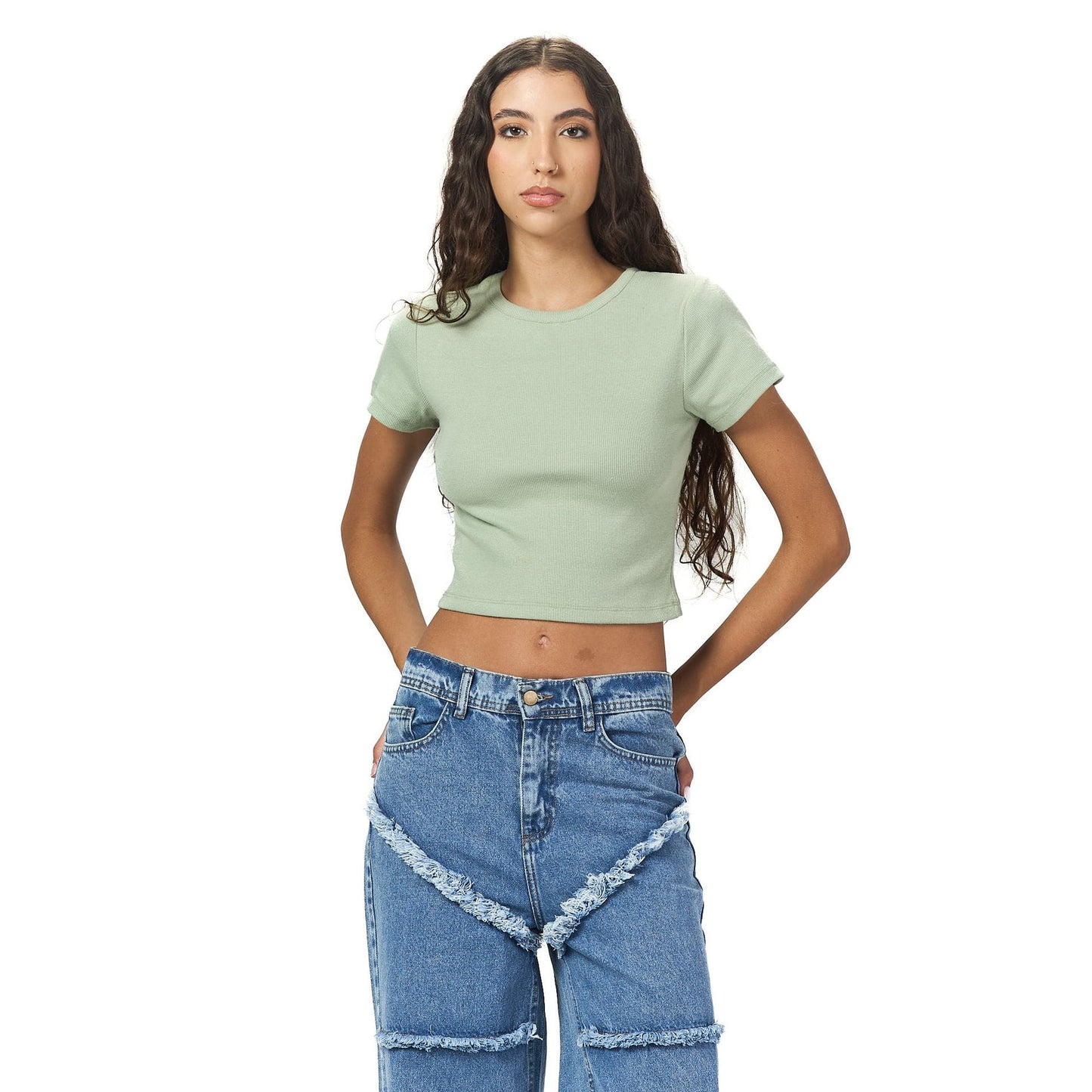 Green ribbed short Sleeveless basic body