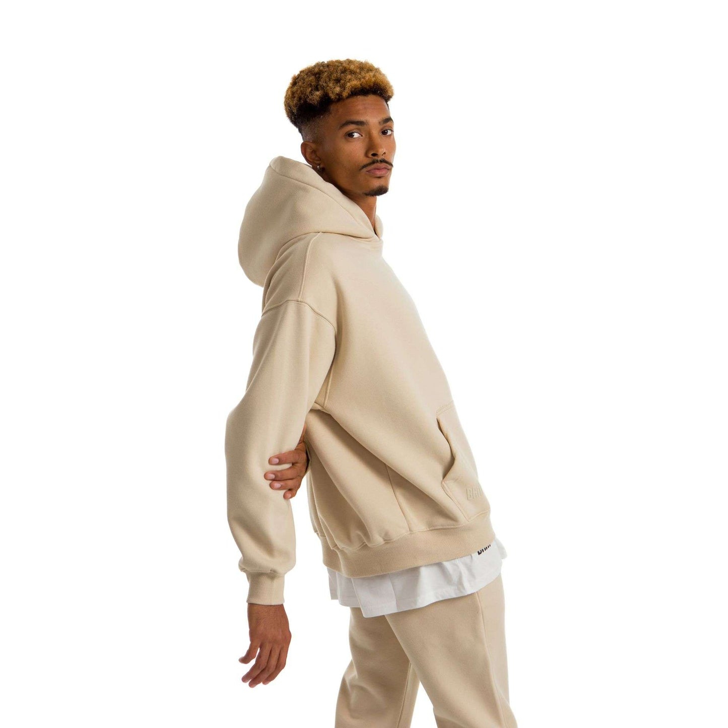 Men Beige Heavy Melton Hoodie
