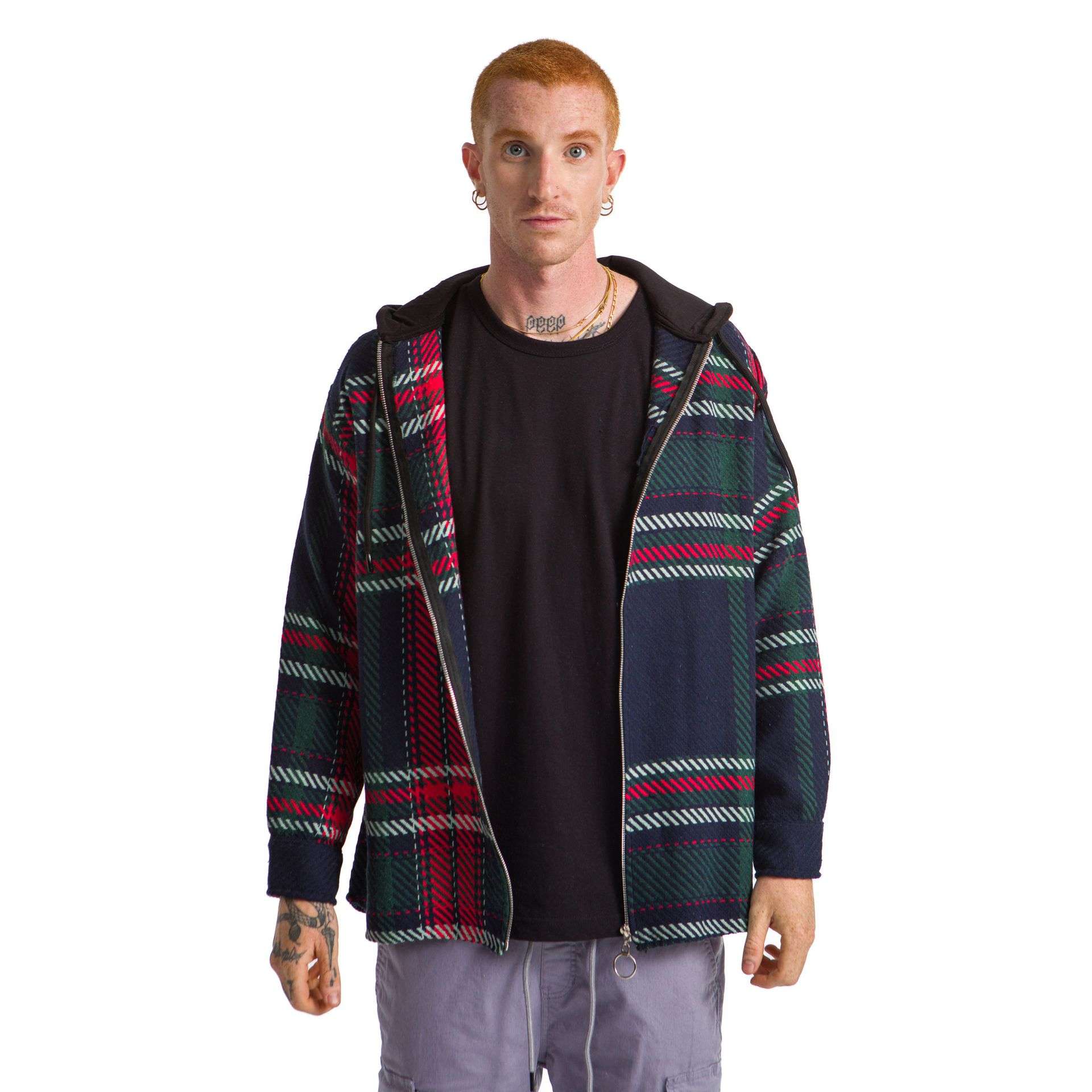 Navy Blue Hoodie Checkered plaid Jacket striped Green wide striped