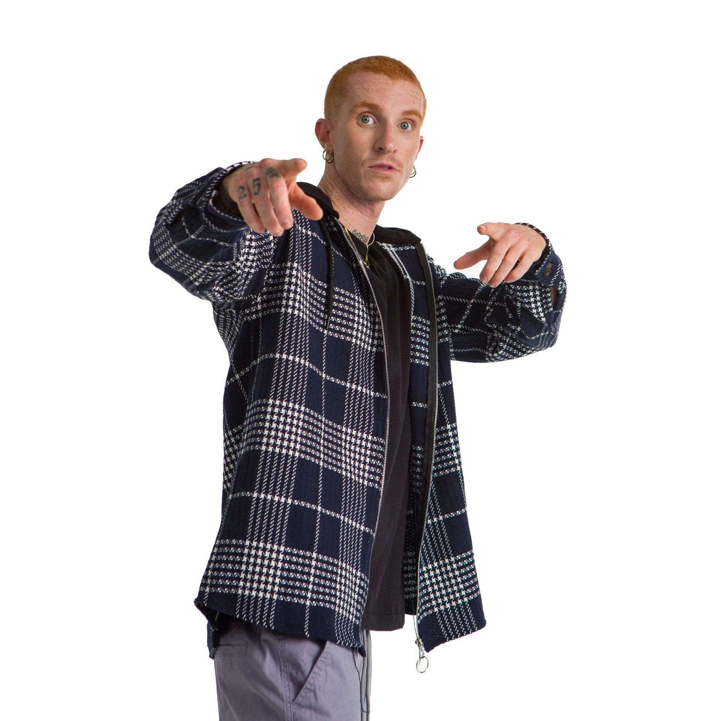 Navy Blue Hoodie Plaid jacket striped White