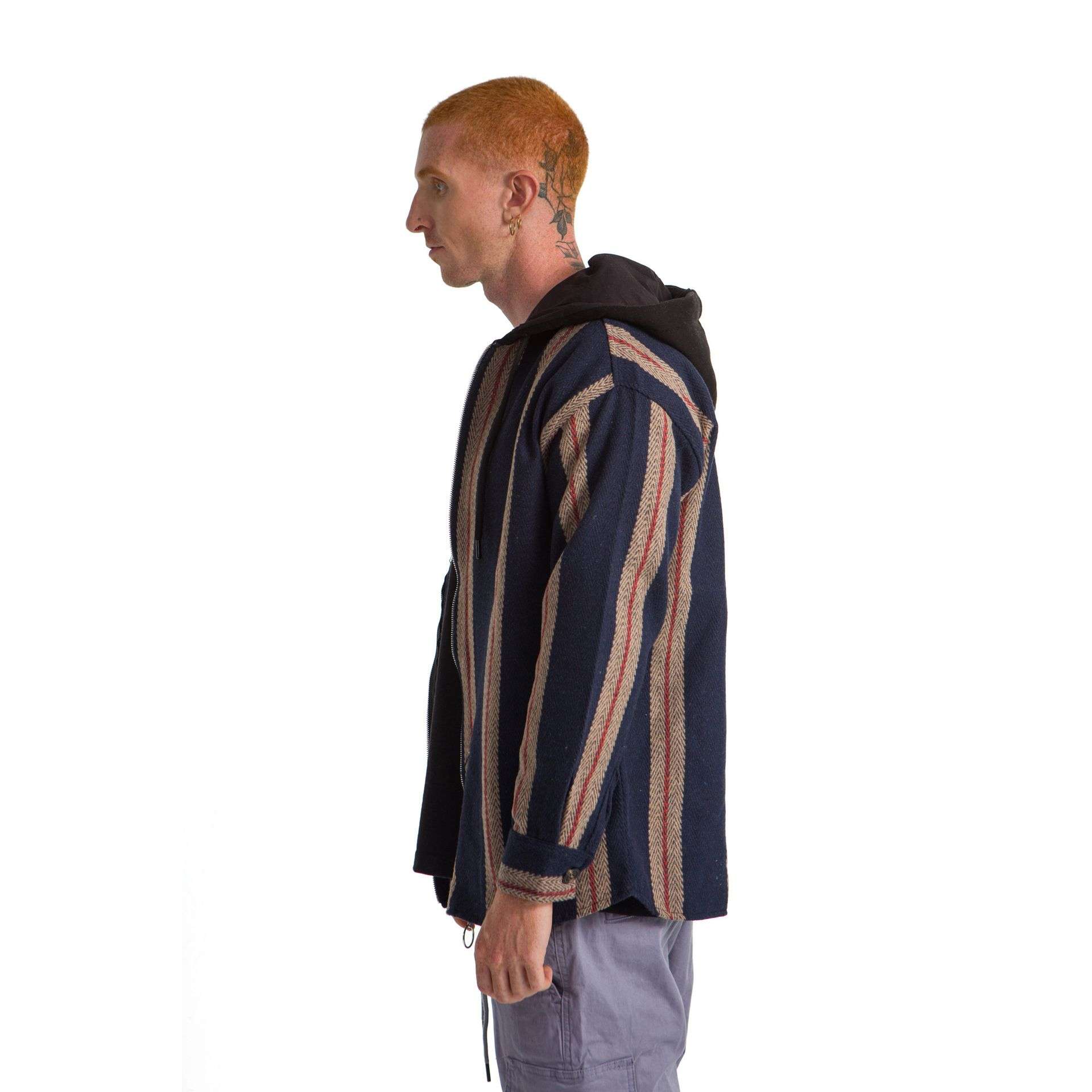 Navy Blue Plaid Jacket Hoodie Striped Beige