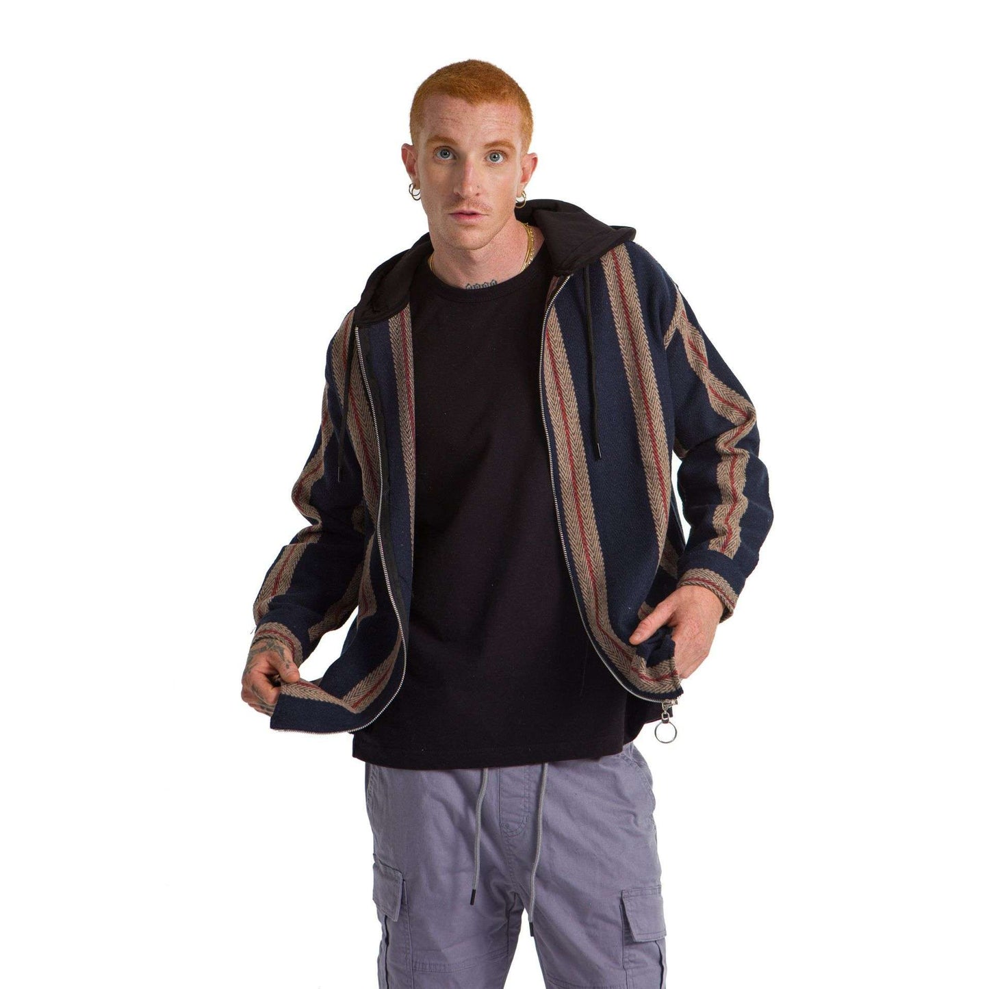 Navy Blue Plaid Jacket Hoodie Striped Beige