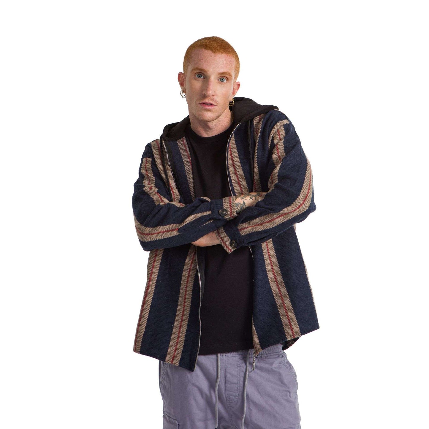 Navy Blue Plaid Jacket Hoodie Striped Beige