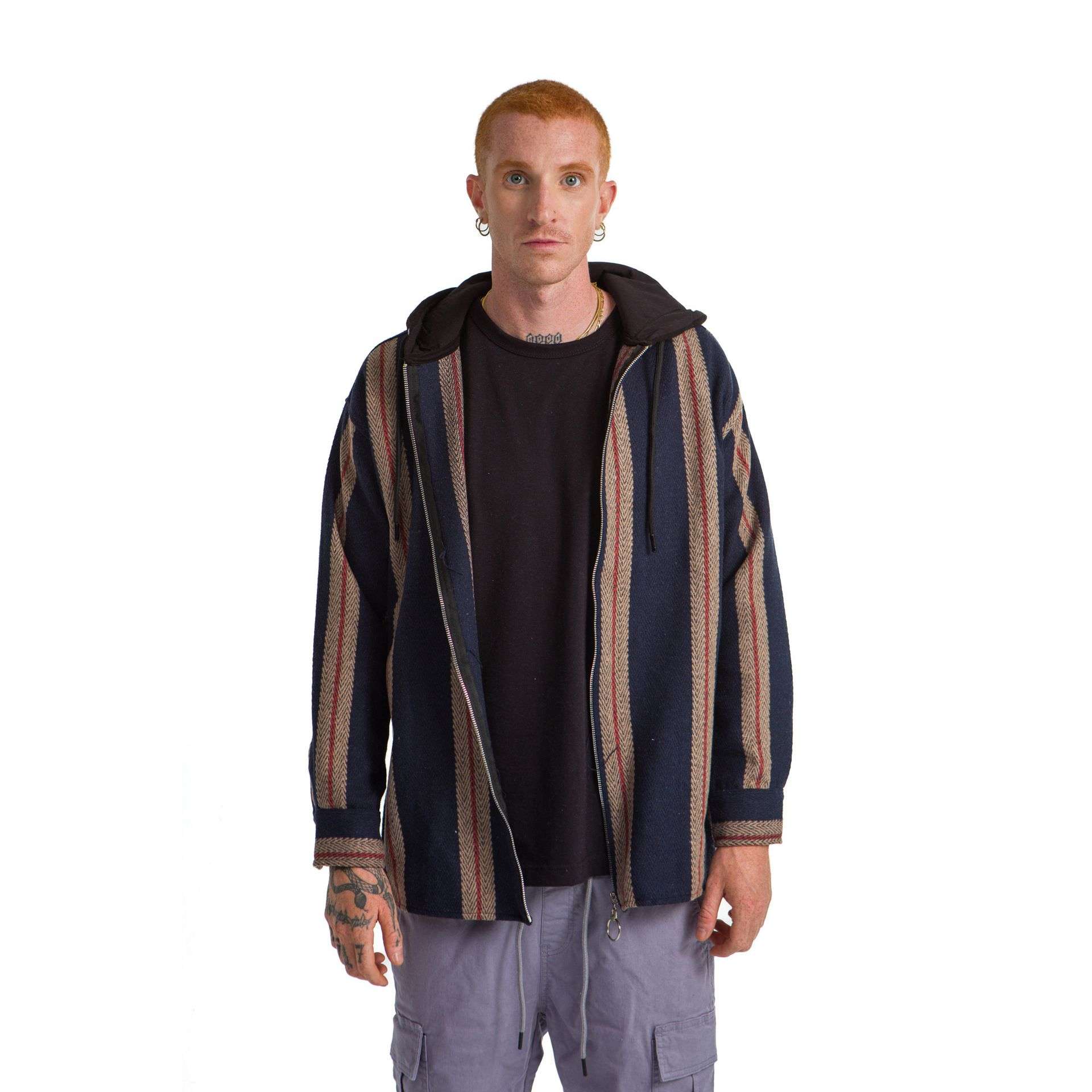 Navy Blue Plaid Jacket Hoodie Striped Beige