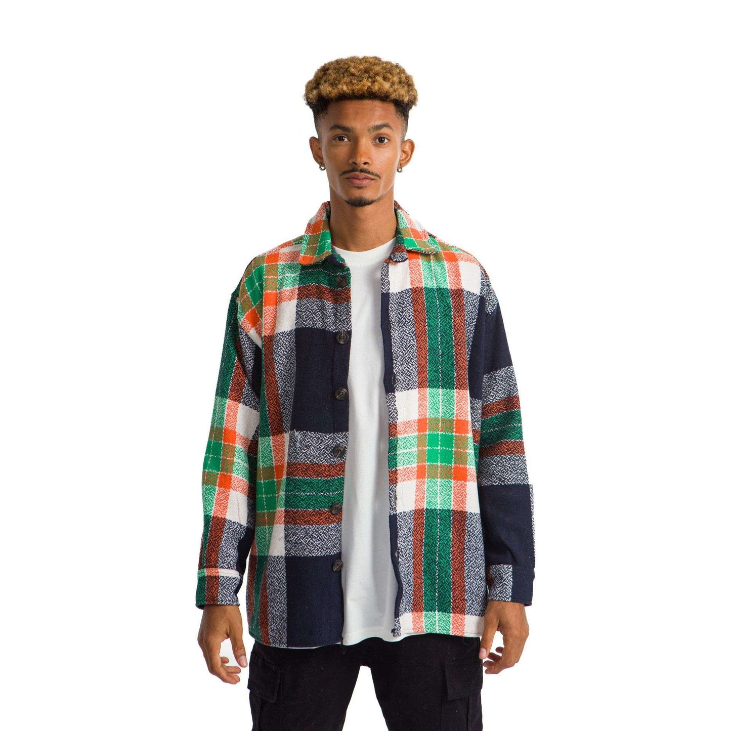 Navy Checkered Shirt Orang Green Wide Striped