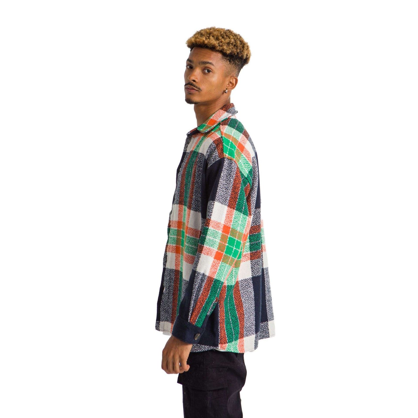 Navy Checkered Shirt Orang Green Wide Striped