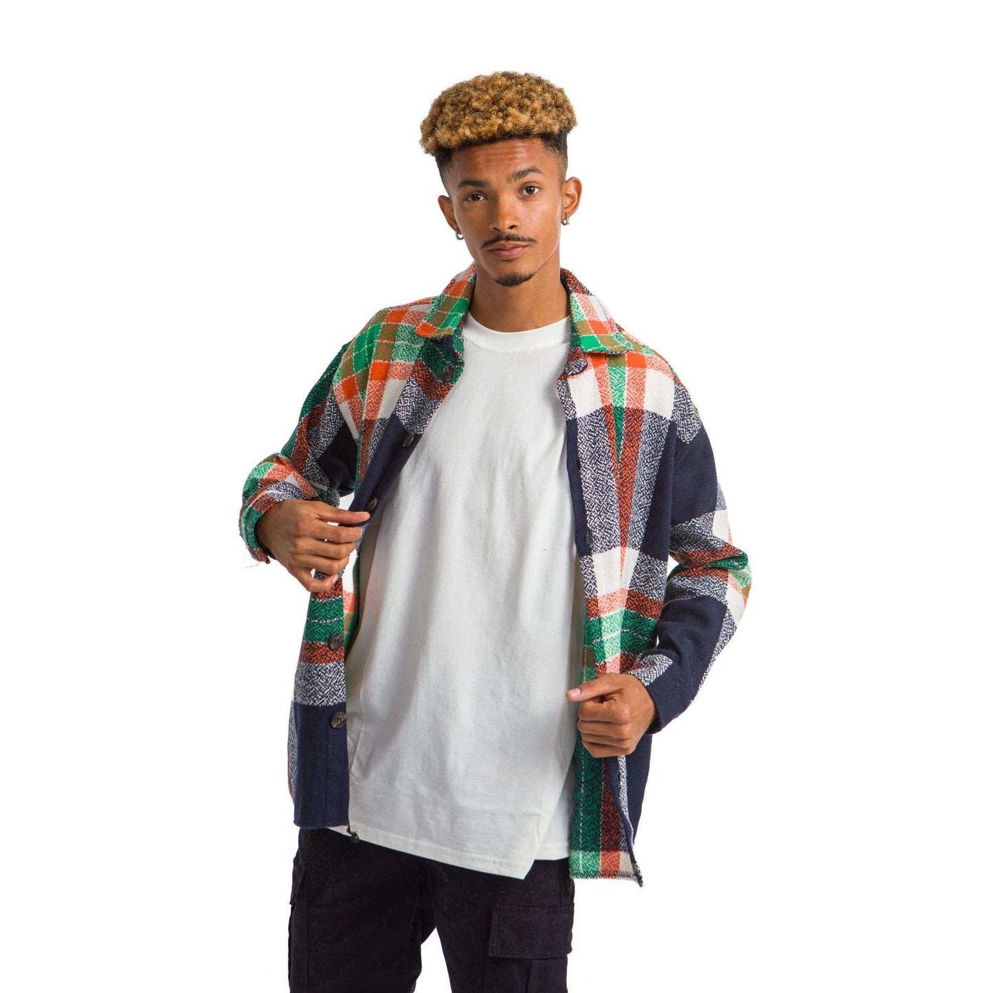 Navy Checkered Shirt Orang Green Wide Striped